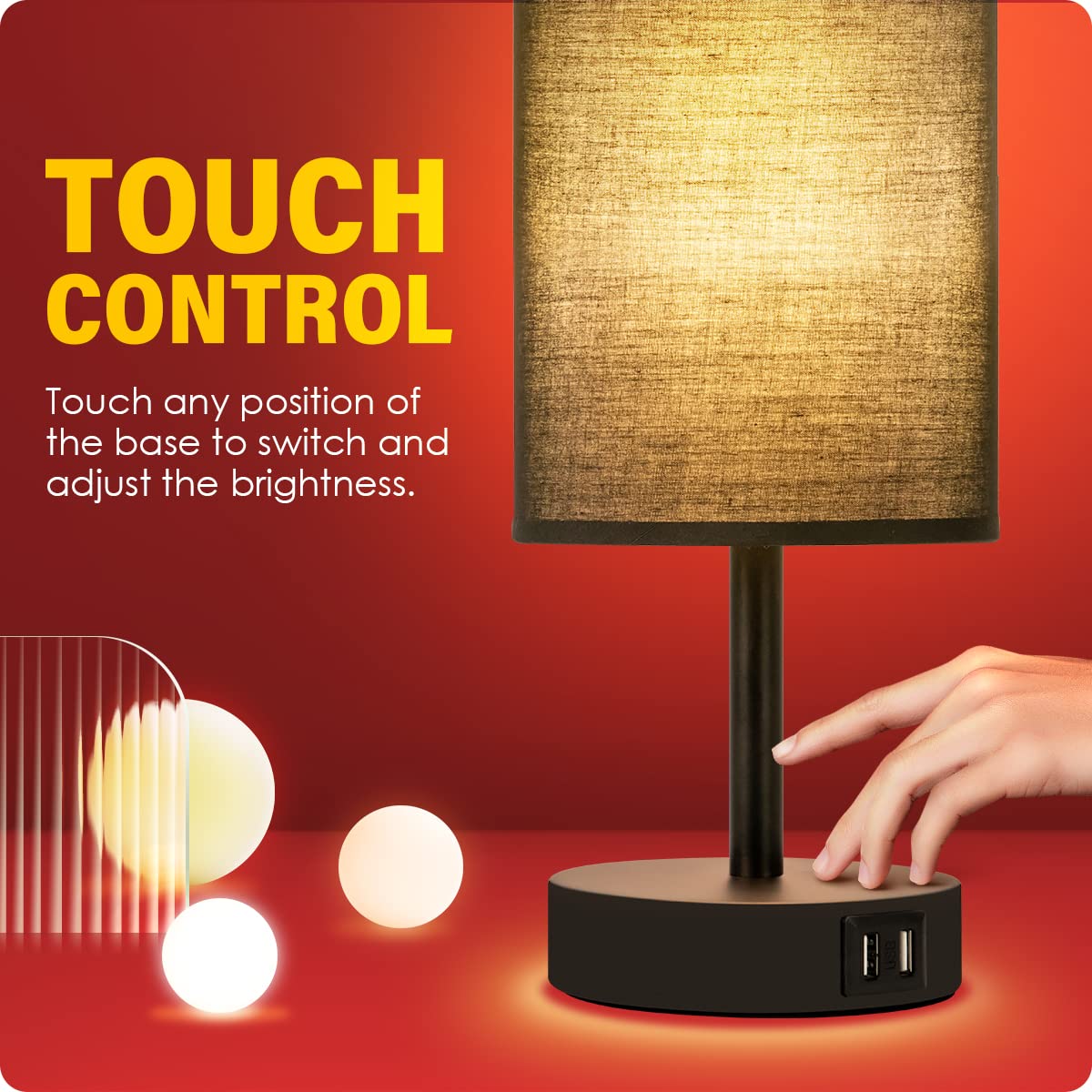 Yarra-Decor Bedside Lamps Set of 2 - Touch Control, 3 Way Dimmable, Black Fabric Shade, Model Y-2 Black
