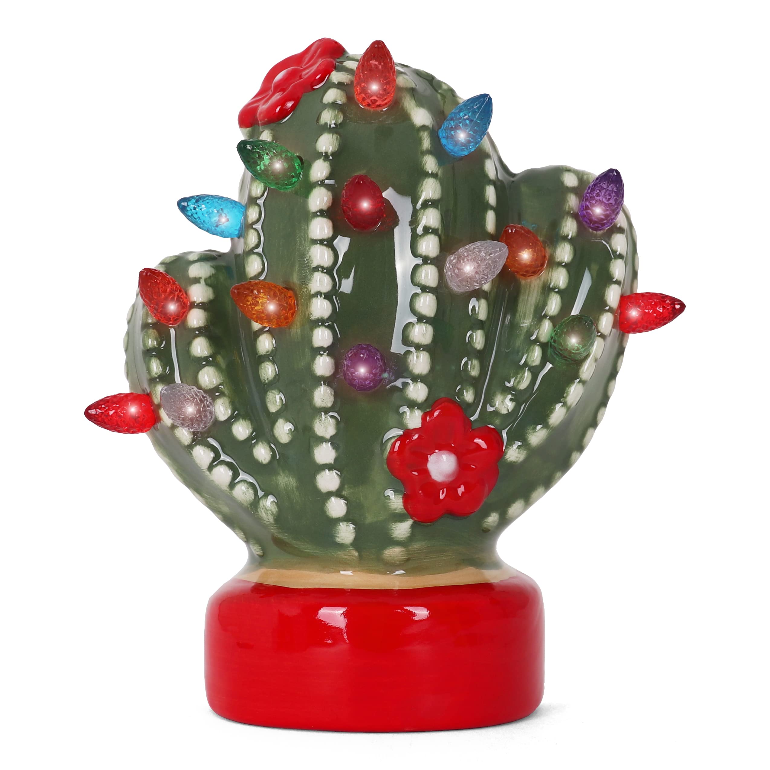 Milltown Merchants Ceramic Christmas Tree Night Light - Plugin Christmas Tree With Lights - Lighted Vintage Ceramic Tree - Mini Christmas Tree Decorative Night Light (Cactus)