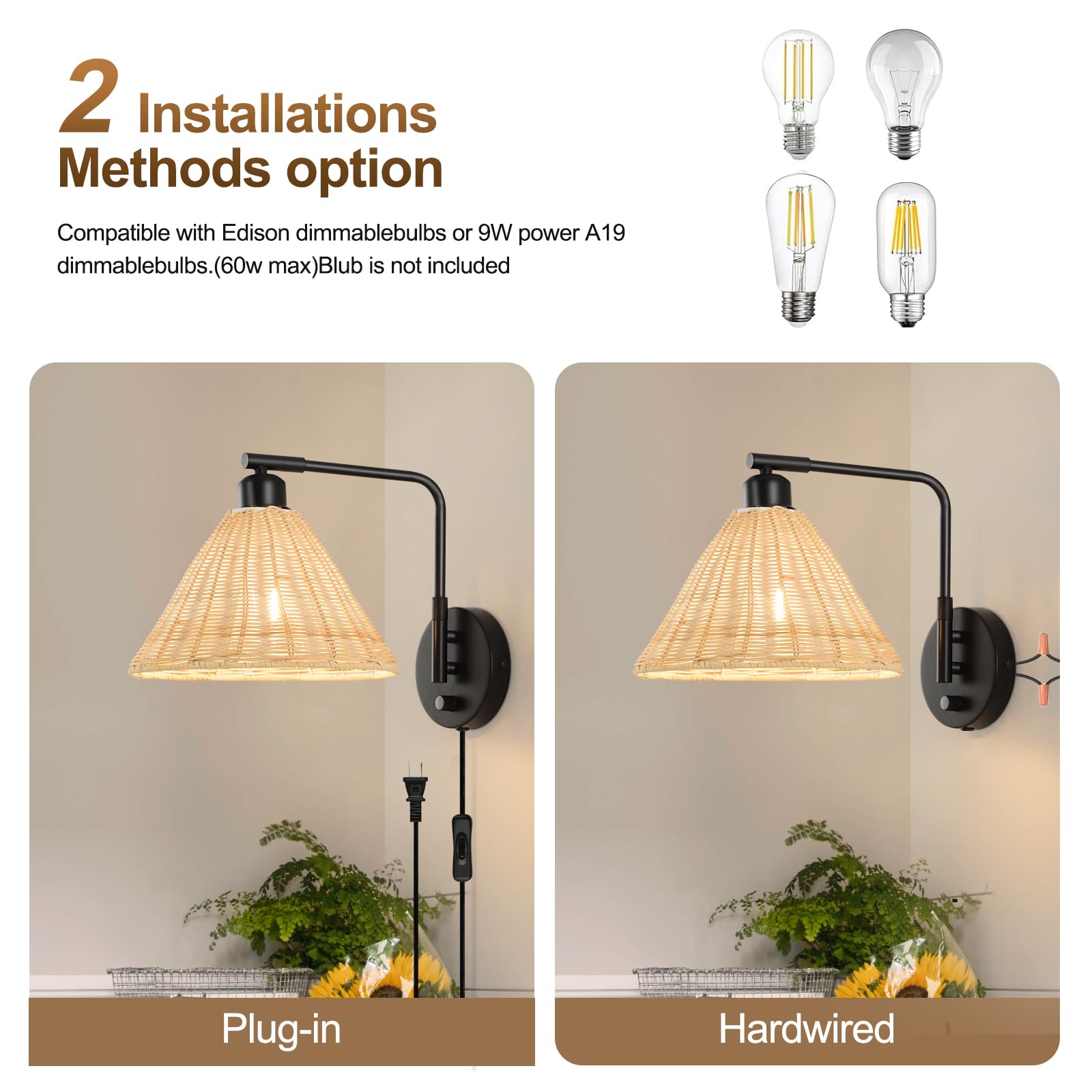 Weaboopre Rattan Plug In Wall Sconce Set Of 2  Black Wall Lamps With Plug In Cord And Dimmer  Hand Woven Wicker Sconces Swing Arm Wall Mount Light Fixture Beside Lighting For Bedroom  Living Room