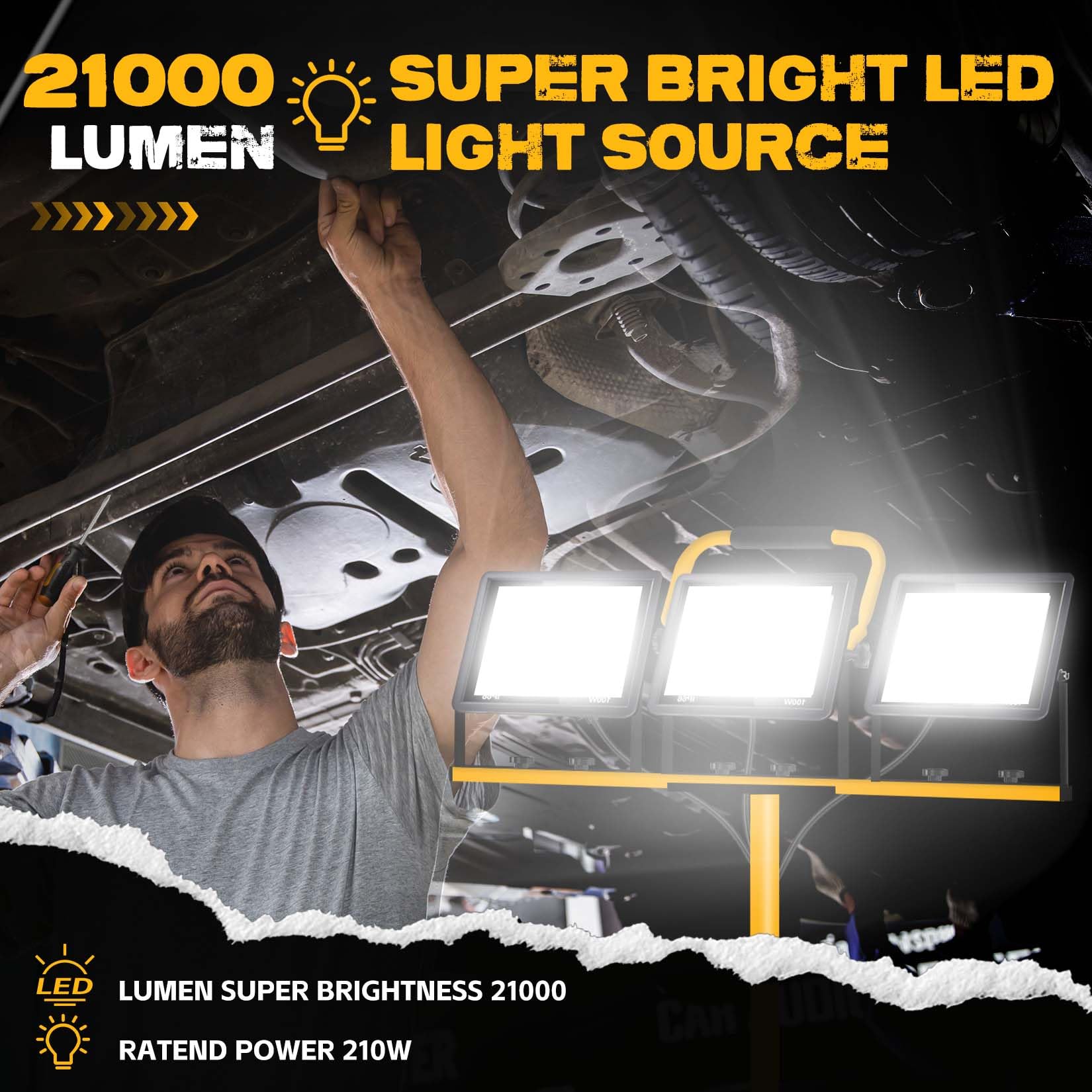 21000 Lumen Work Lights With Stand, 3 Adjustable Head Led Work Light, With Adjustable And Foldable Tripod Stand, Waterproof Lamp With Individual Switch With 6500 Kelvin Color Temperature (Yellow-3)