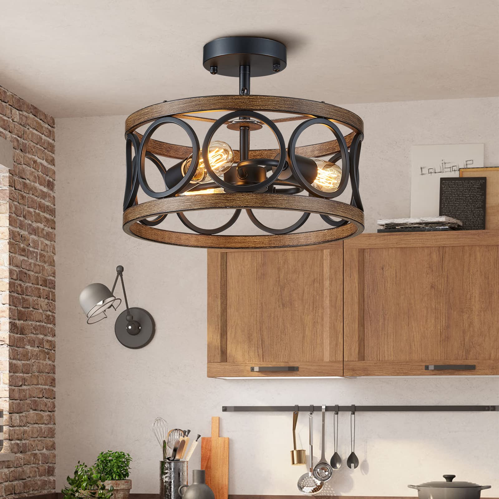 peskoe Modern 3-Light Black Ceiling Light Fixture, 13'' Drum Design, Metal Shade for Bedroom, Dining Room, Kitchen, Hallway