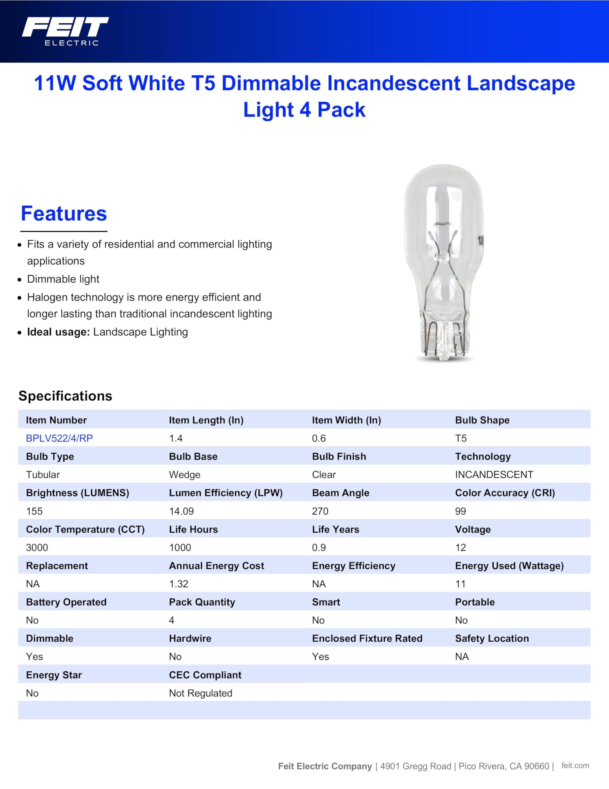 Feit Electric Bplv522/4 11-Watt Incandescent T5 Bulb  3000K Bright White (Bplv522/4/Rp)