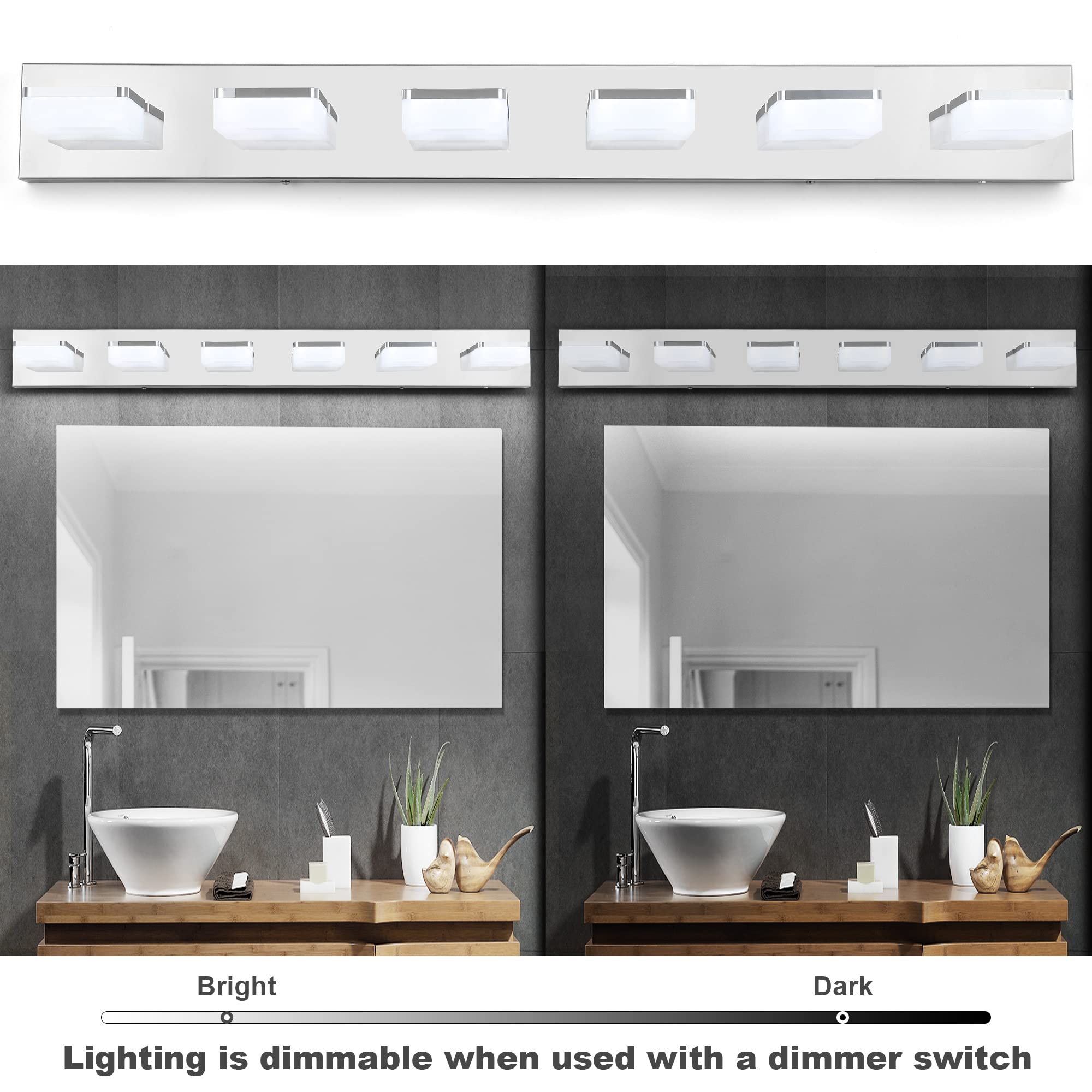 Goodate 3 Color Dimmable 6 Light Chrome Led Vanity Light Fixture For Bathroom, Adjustable 3000K-6000K