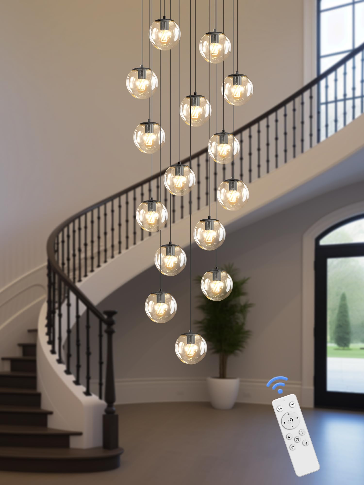 ykolupty 15-Light Black Chandelier, Dimmable Globe Glass Pendant Light for Kitchen Island, Dining Room, Entry Hallway, LED Bulbs Included
