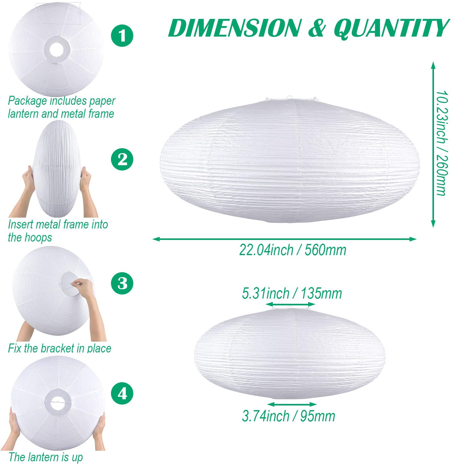 White Oval Paper Lanterns-22In Large Hanging Paper Lantern Lamp, Chinese/Japanese Paper Pendant Lampshade For Party Decoration,