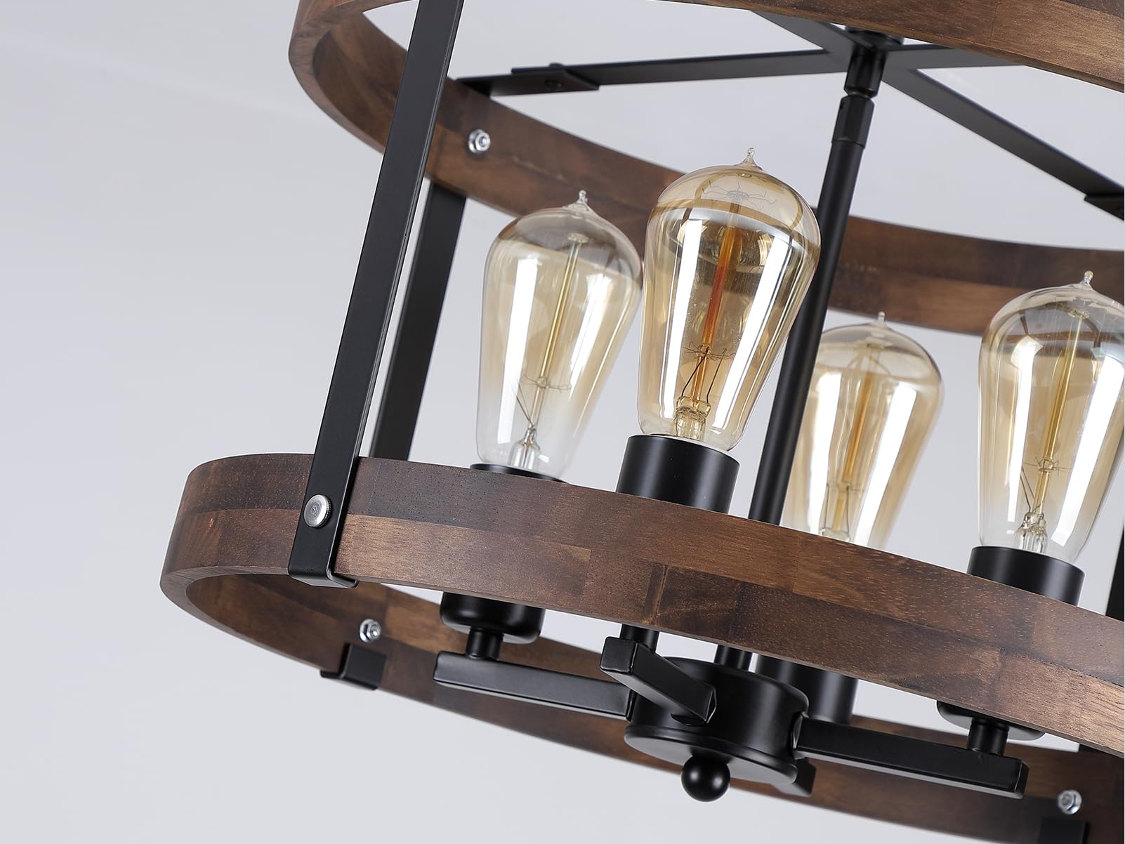 4-Light Large Rustic Farmhouse Flush Mount Ceiling Light Fixture 16.5 Inch Oak Wood Round Drum Semi Flush Mount Ceiling Light Fo