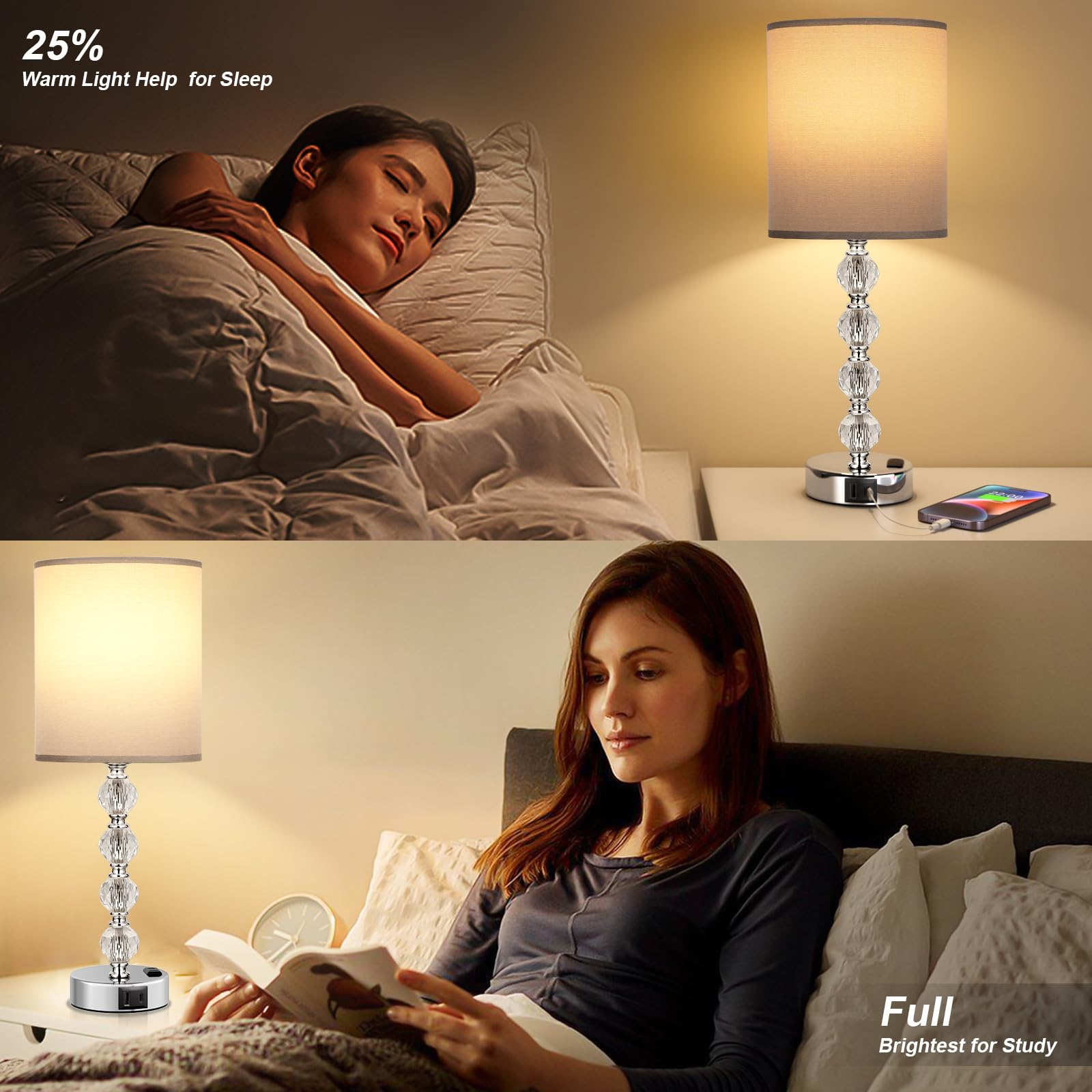 Acaxin Touch Bedside Crystal Lamps For Bedrooms Nightstand With Usb C+A Charging Port And Ac Outlet White, 3 Way Dimmable Silver