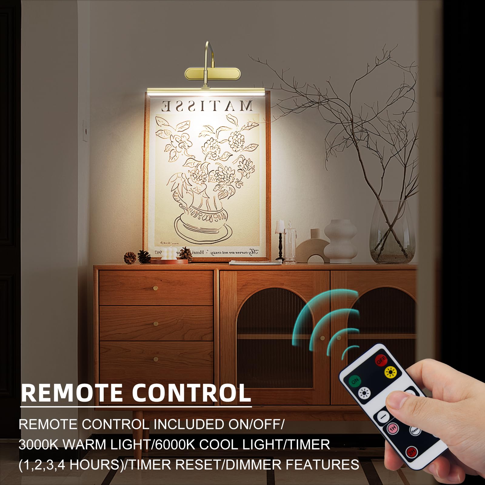 RAIFOOLLY Picture Light, Wireless Remote Control Art Light, Dimmable, 12 inch, Gold, Model RF00300