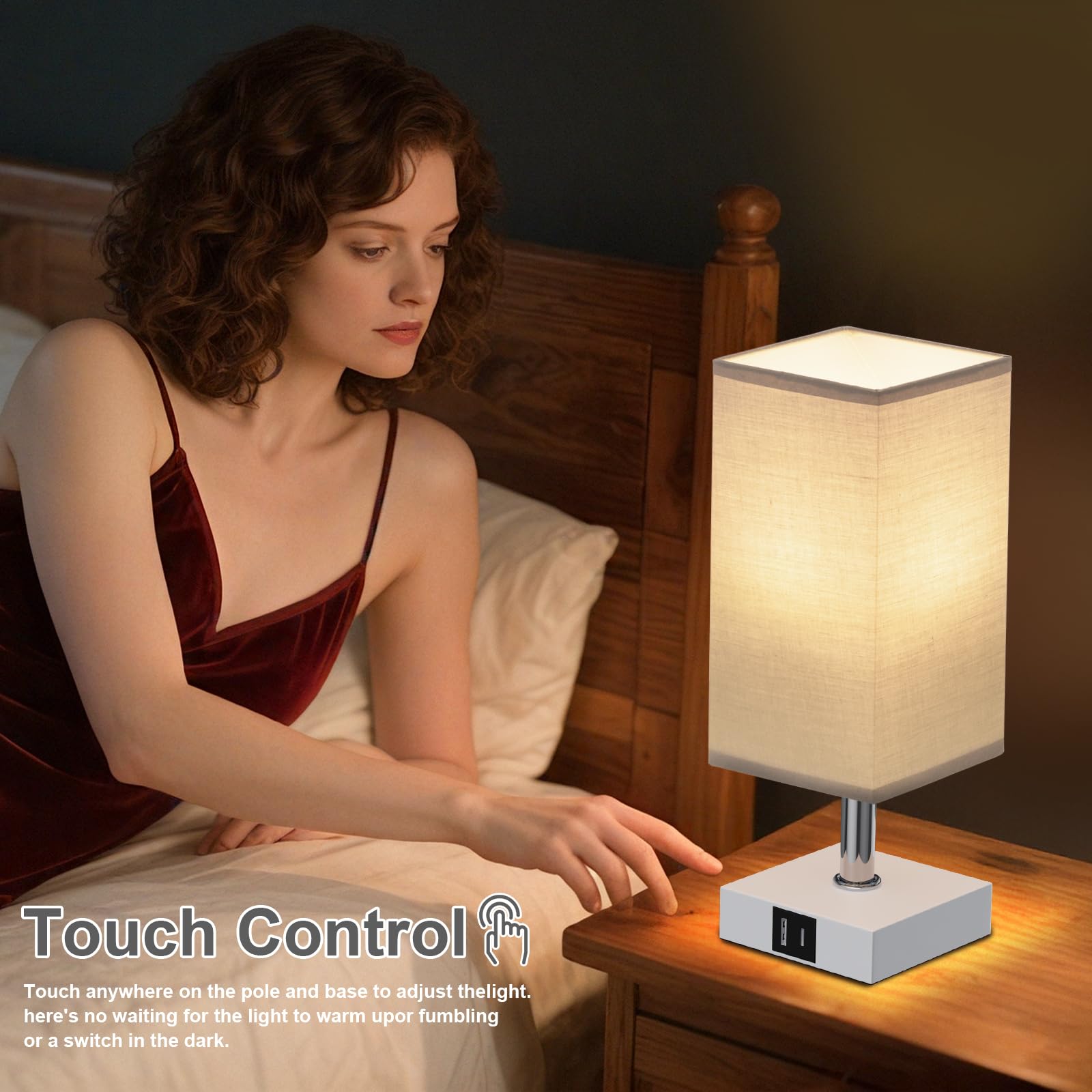 Ambimall Touch Control Table Lamp - USB A+C Charging Ports, LED Bulb Included, Grey Shade, Model RPT-1103