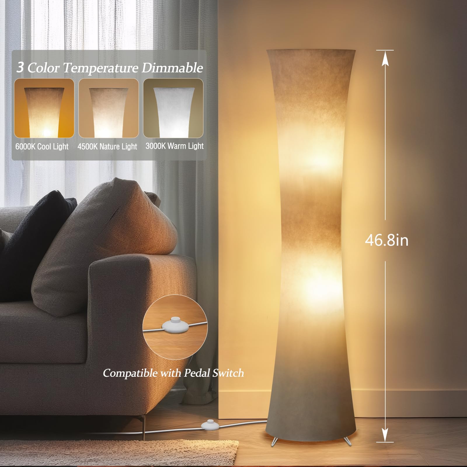 GyroVu 46" LED Floor Lamp - Modern Gray Fabric Shade, 3 Color Temperatures, Ideal for Living Room, Bedroom, Office - Bulbs Included