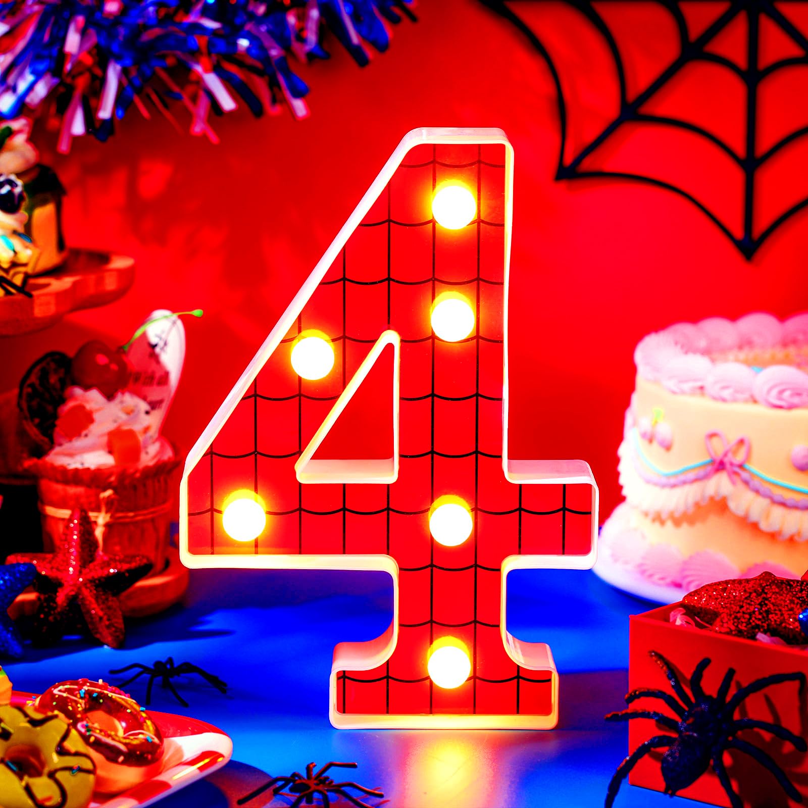 Vihose Spider Led Number Lights Spider Birthday Party Decoration Light Up Numbers Kids Boy Man Birthday Supplies For Marquee Night Christmas Gift Baby Shower(Number 4)