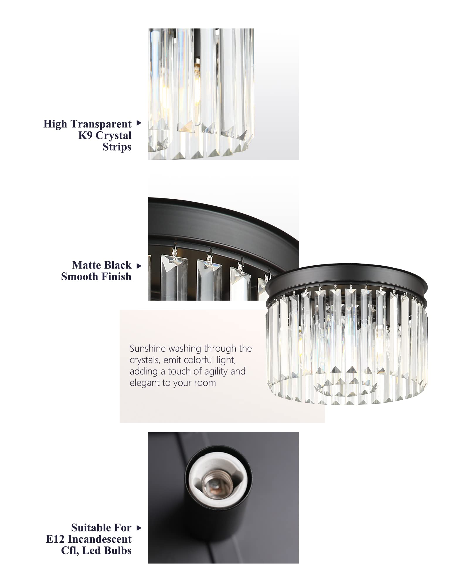 Black Flush Mount Ceiling Light Fixture, 12 Inch Modern Light Fixtures Ceiling, 3 Lights Crystal Chandelier Lighting For Living