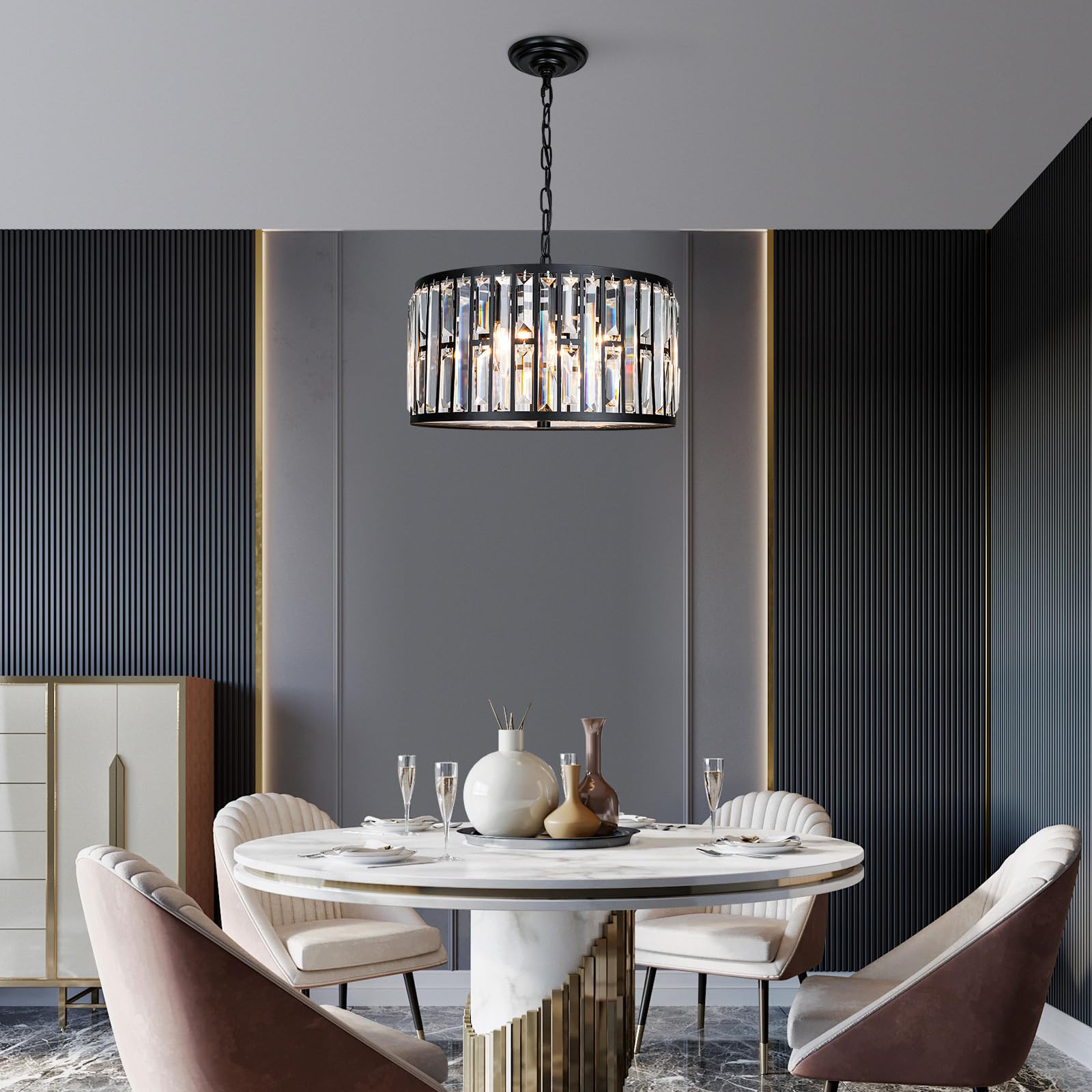 Weesalife Crystal Chandelier, 6 Lights Modern Drum Fixture, 16" Black, Model A8845-6 for Dining Room, Bedroom, Kitchen Island, Living Room