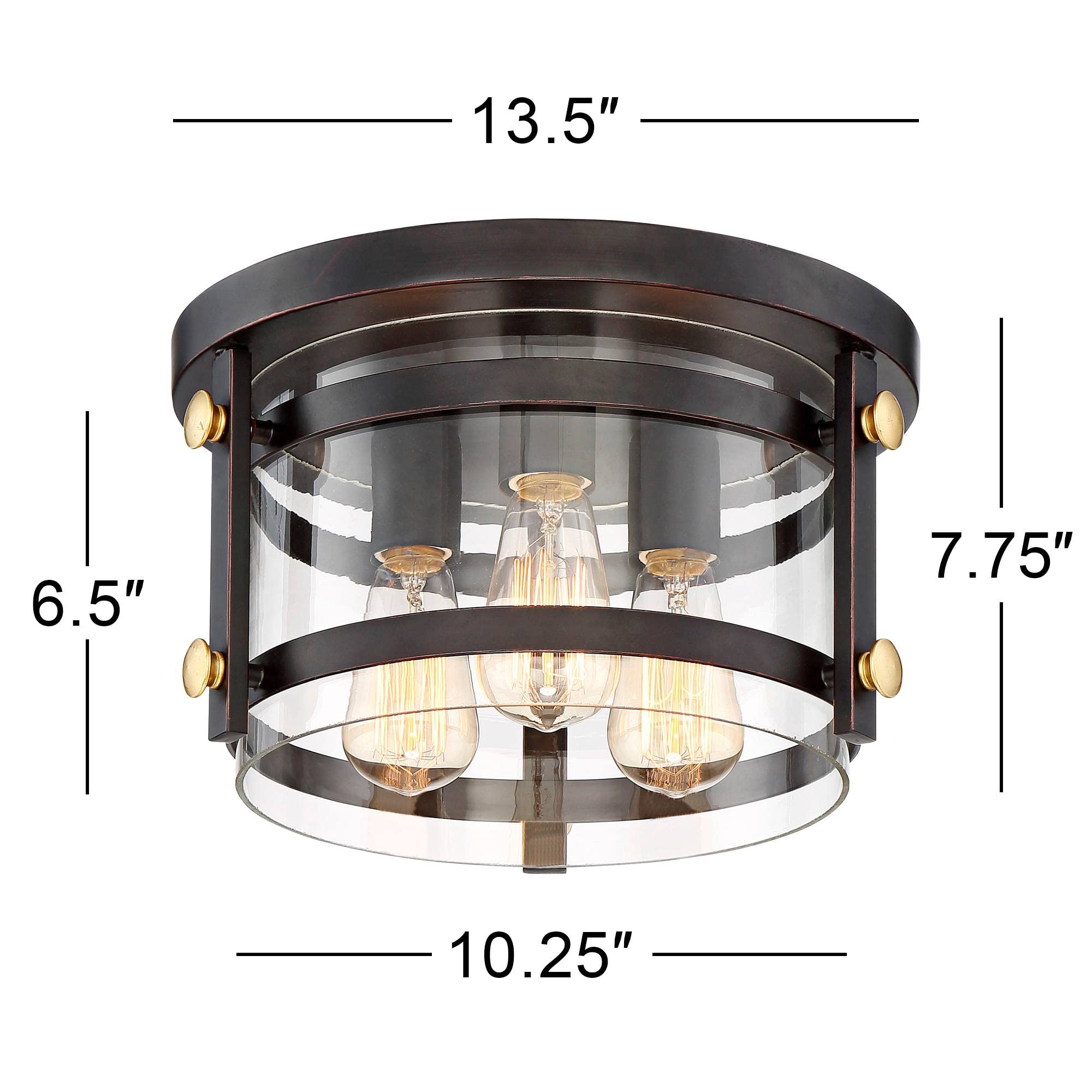 Franklin Iron Works Ceiling Light 3-Light Flush-Mount Fixture 13.5in Oil-Rubbed Bronze Gold Clear Glass Shade Model 35F49