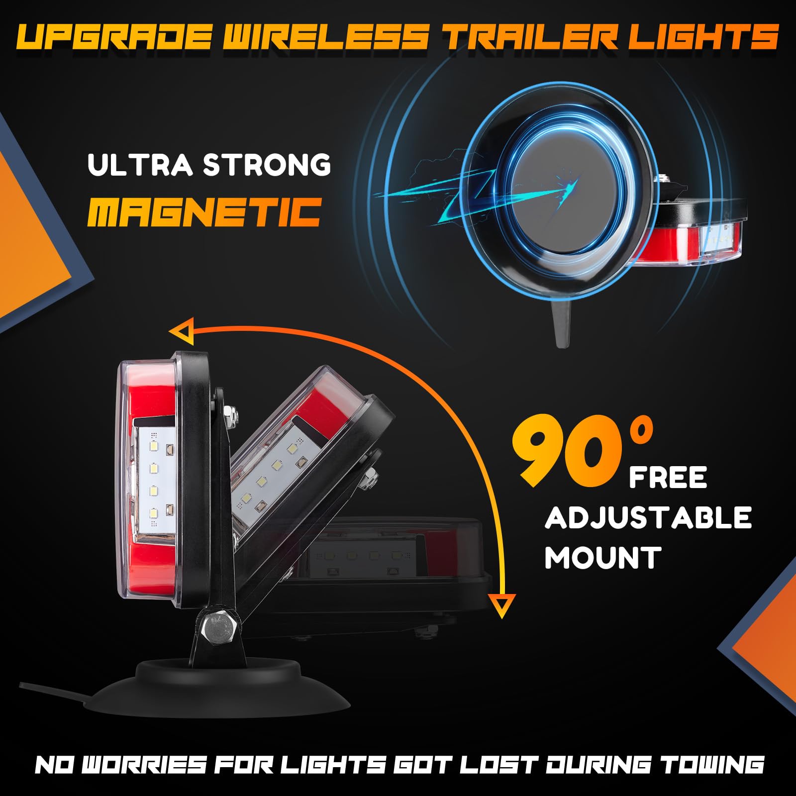 inhtgeas Wireless Trailer Lights - Adjustable Magnetic Tow Light Kit, Rechargeable, Red, Model WTL_5023, for Trucks, Boats, RVs, Caravans