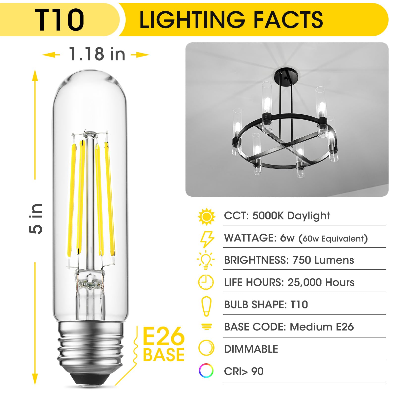 Gozelux E26 Led Bulb 6W Equal 60 Watt Light Bulbs Daylight 5000K E26 Edison Bulb Ac120V 750Lm Dimmable 5 Inch T10 Led Bulb Tubul