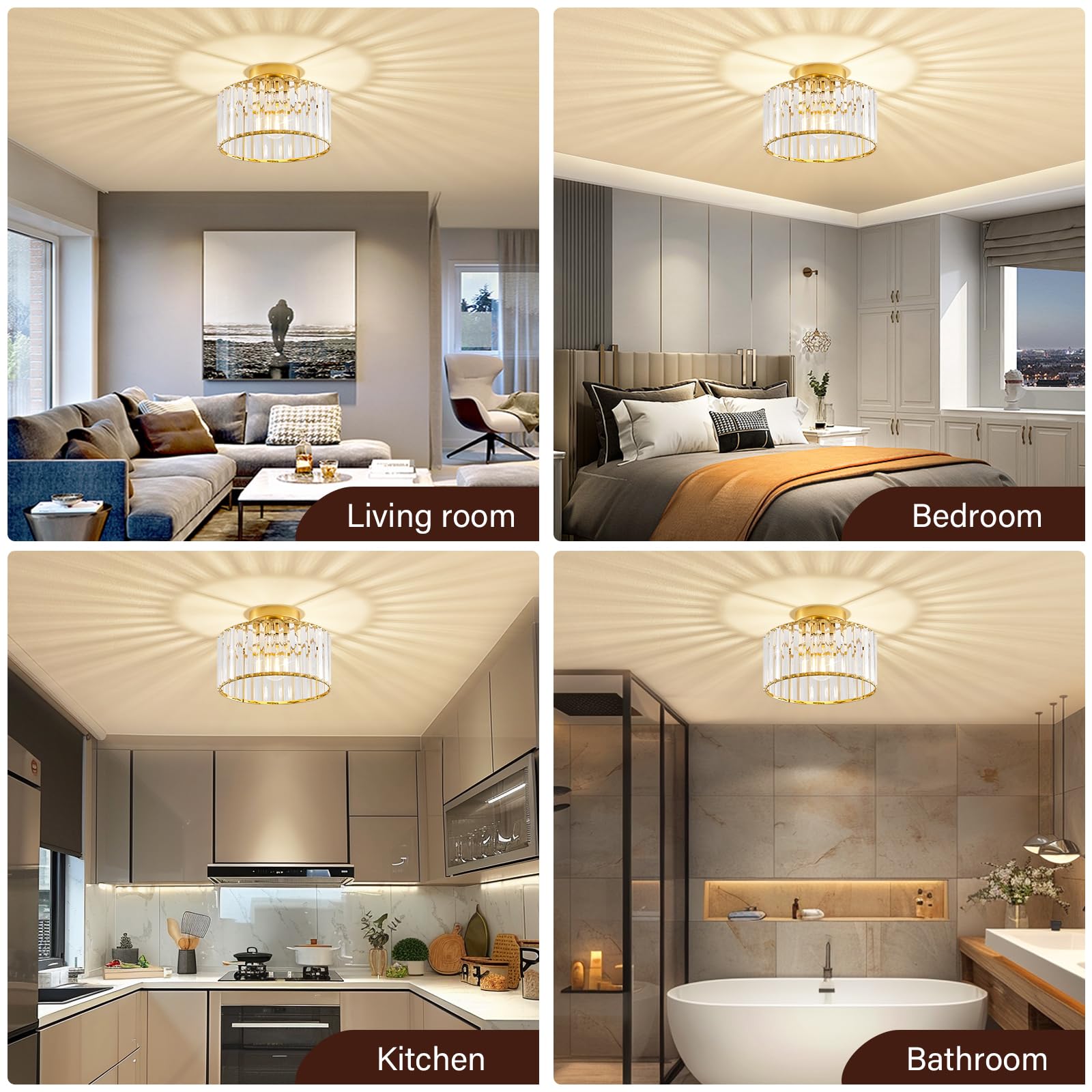 Pevfah Crystal Gold Ceiling Light, Modern Semi Flush Mount Ceiling Lighting Fixture, Round Hallway Ceiling Lights For Bathroom K