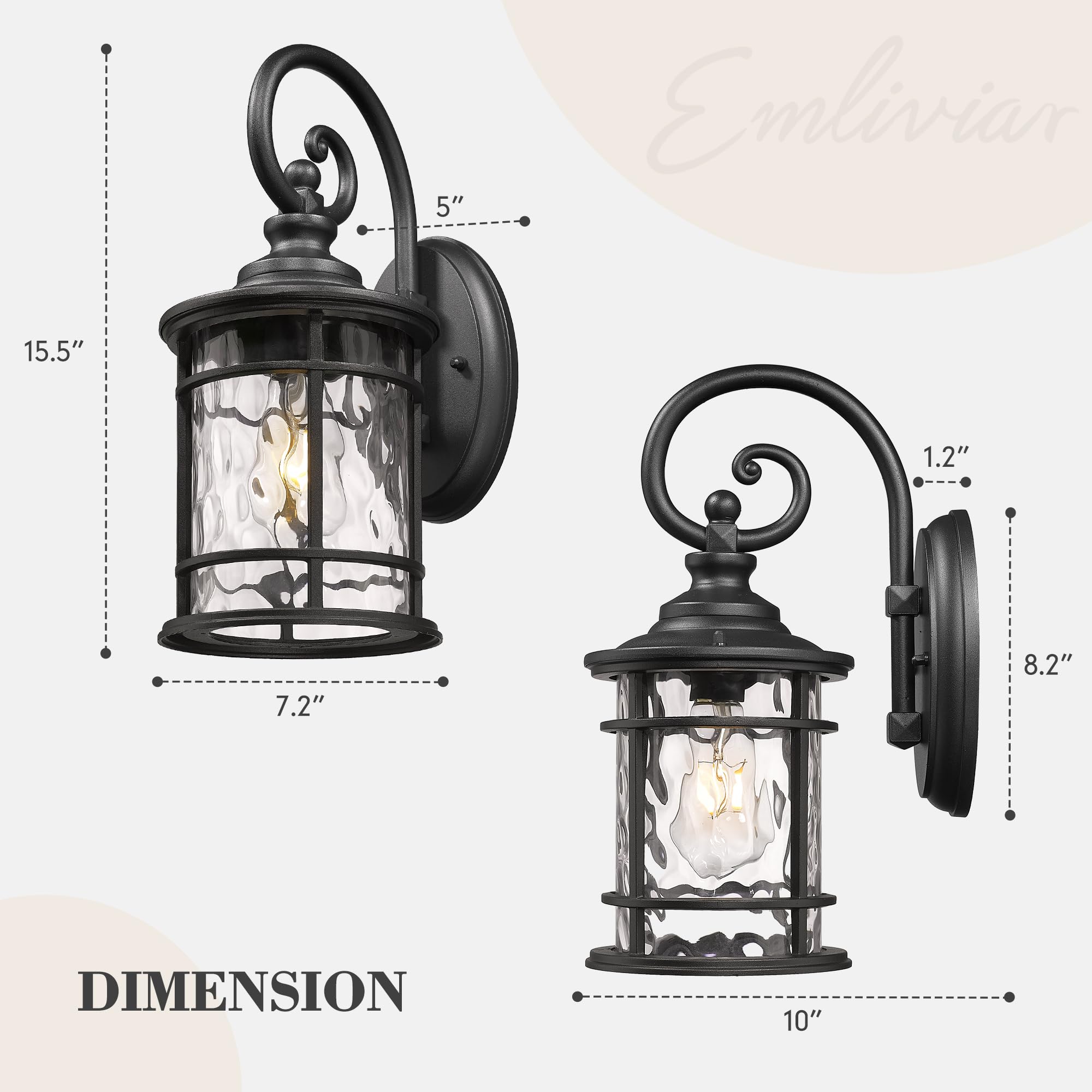 Emliviar Farmhouse Outdoor Light Fixture, 15.5" Black Aluminum with Water Ripple Glass, Model XE229B-WG BK