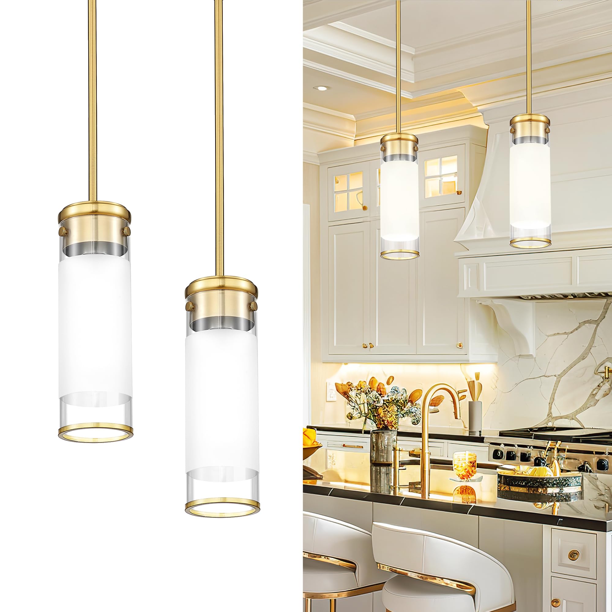 JAZAVA Frosted Glass Pendant Lights, Modern Cylindrical Hanging Light Fixtue with Polised Gold Finsh for Kitchen Island Dining R