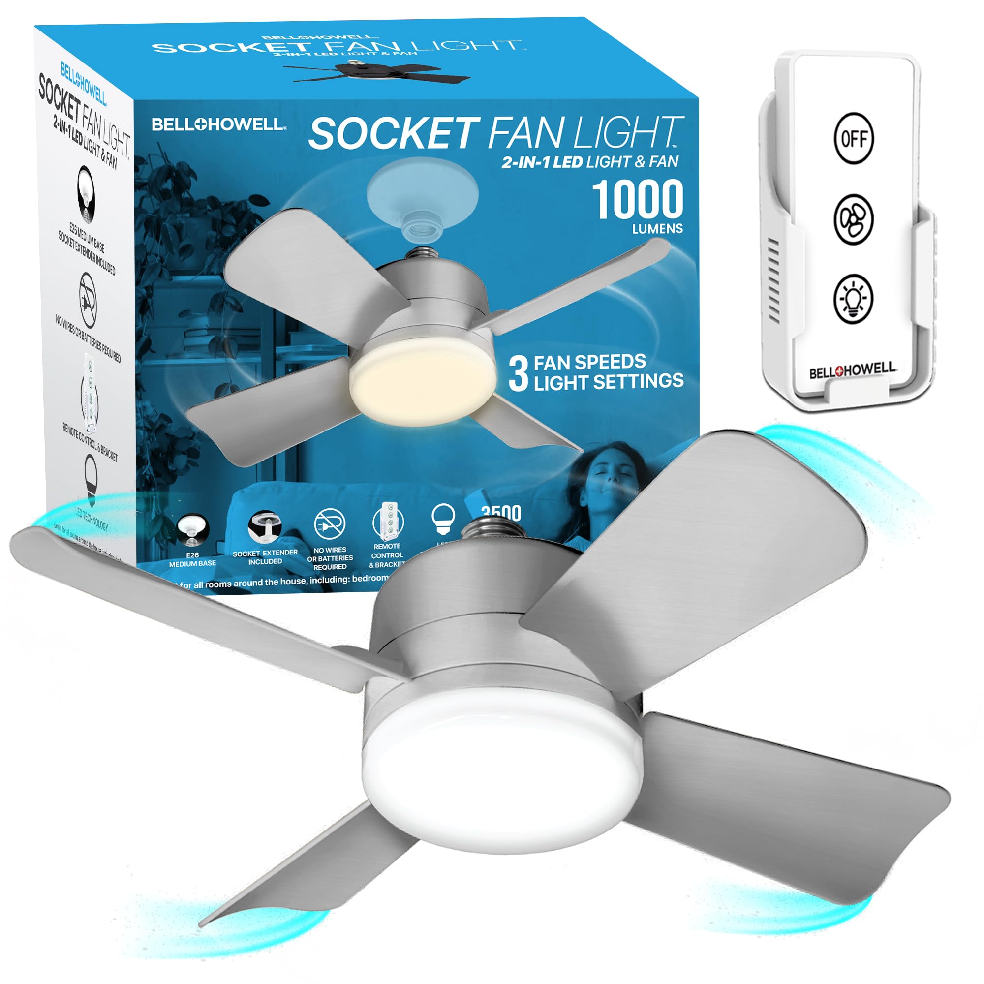 Socket Fan Light Original - Warm Light Ceiling Fans with Lights and Remote, Ceiling Fan with Light Replacement for Light Bulb/Ce