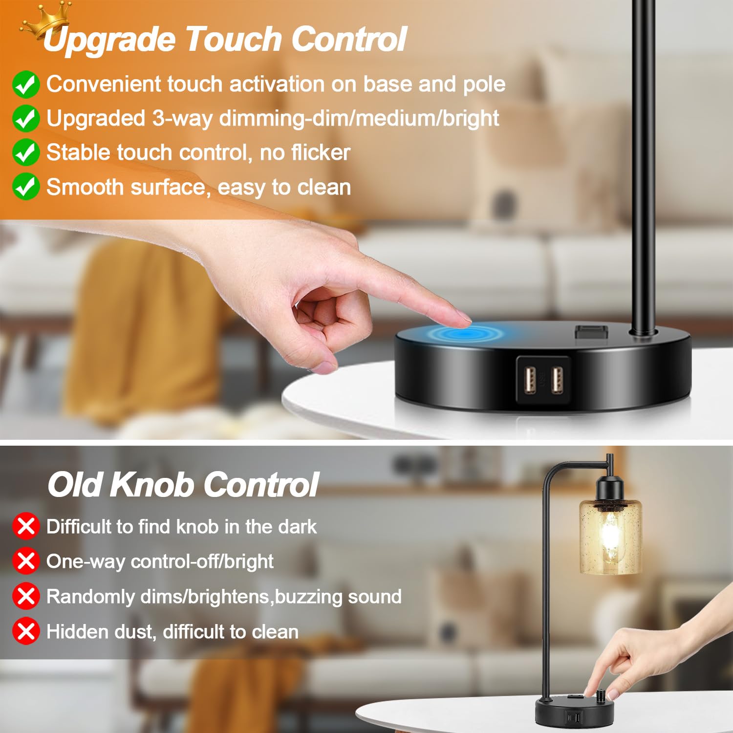 Nintiue Set of 2 Industrial Touch Control Table Lamps, 3-Way Dimmable, Black, Amber Glass Shade, USB Ports & AC Outlet, Model N202108