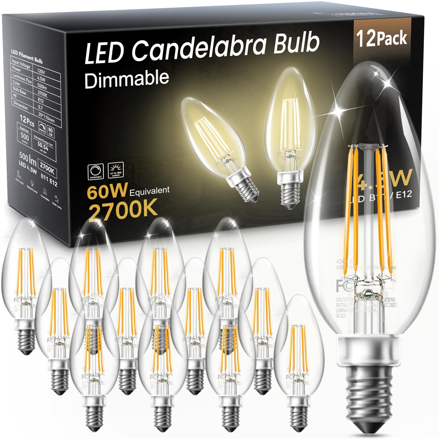 TJOY LED Candelabra Bulbs Dimmable 60W Equivalent E12 Small Base 4.5W 2700K Warm White 12 Pack