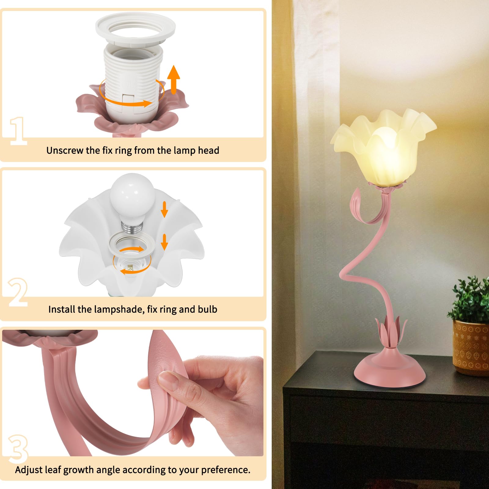 Fuzzbopn Cute Flower Desk Lamp, 3 Color Temperature Table Lamps With Led Bulb, Vintage Bedside Lamp, Reading Lamps With Soft Lig