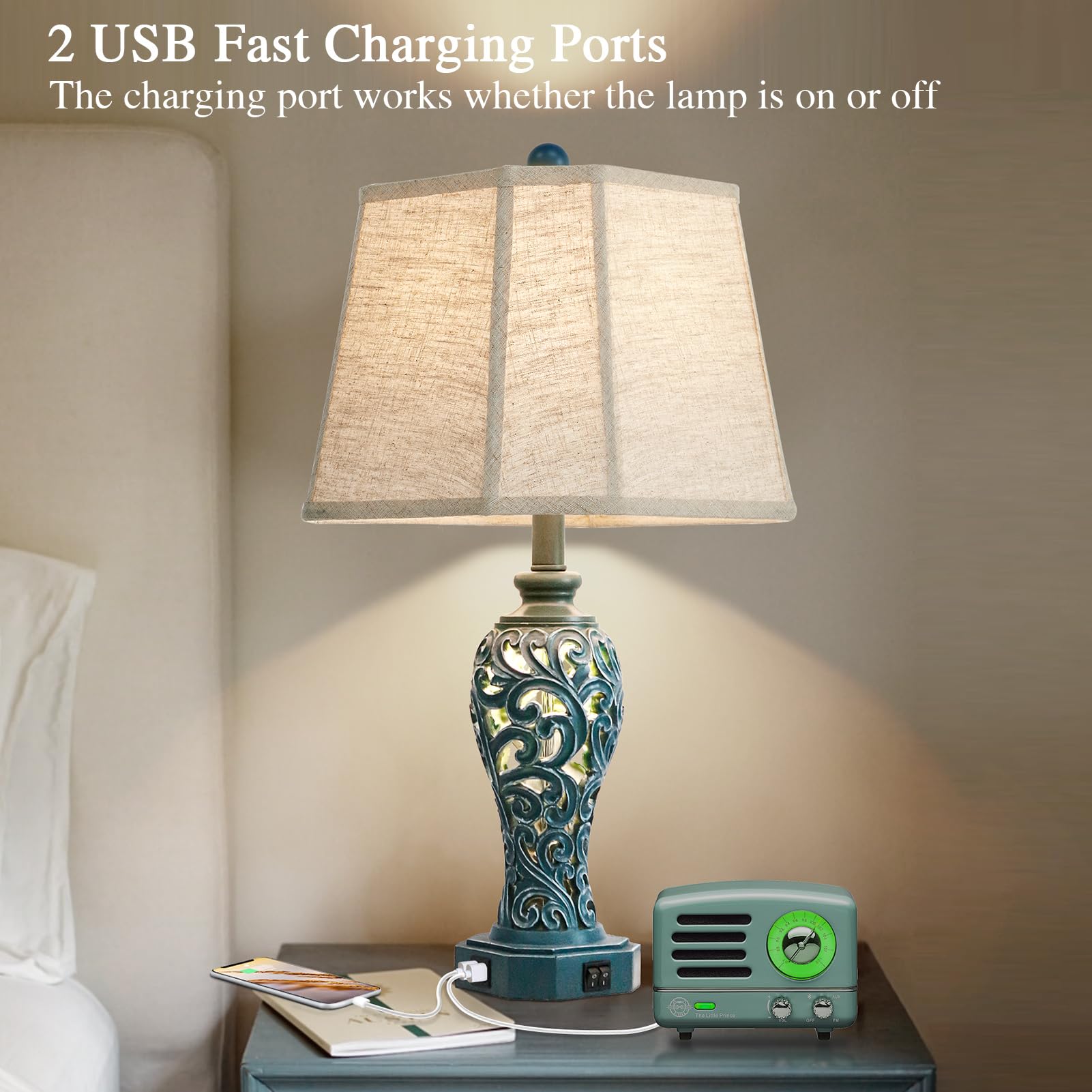 25'' Farmhouse Table Lamps Set Of 2 For Living Room Bedroom, 2 Usb Ports Coastal Vintage Table Lamp With Nightlight, Navy Blue H
