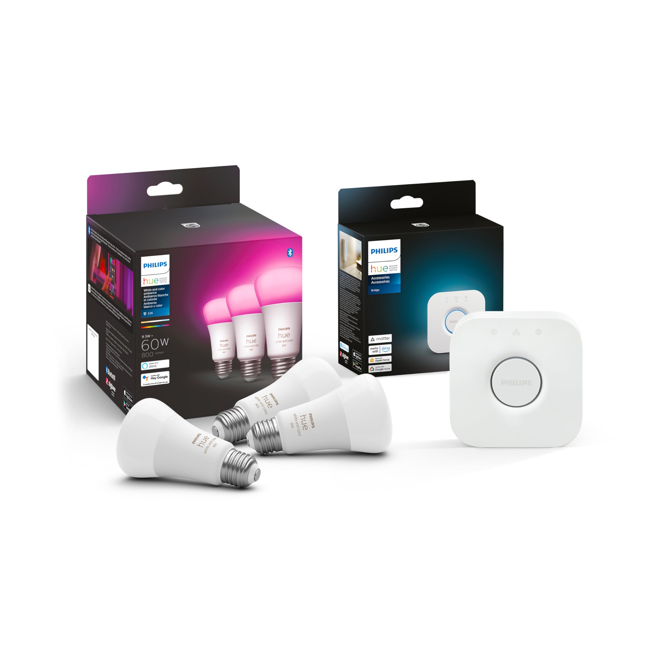 Philips Hue Smart Lighting Bundle: 3-Pack A19 Led Smart Light Bulbs (White And Color Ambiance) With Philips Hue Bridge - Control