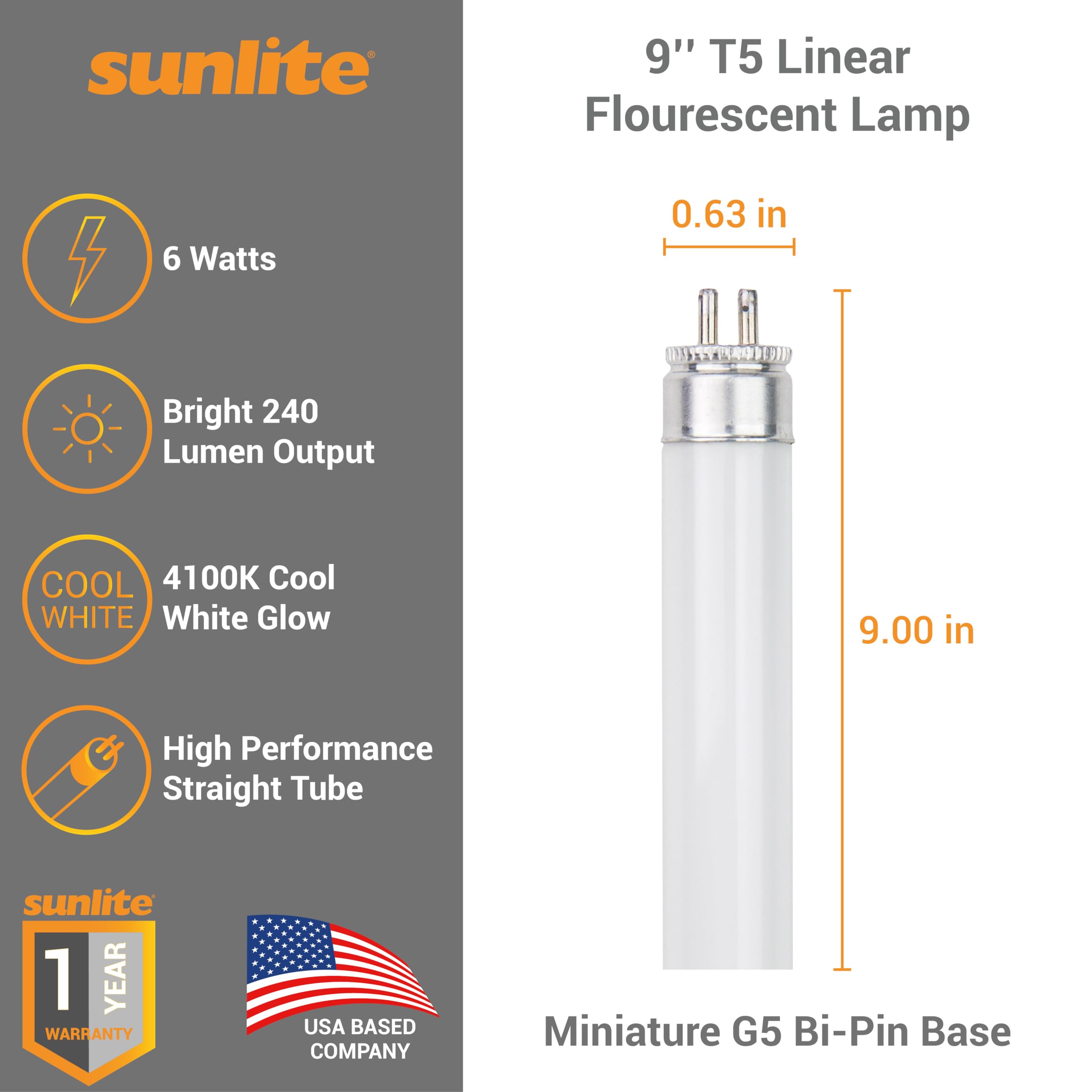 Sunlite 9-Inch T5 Linear Fluorescent Lamp, 6W, 240 Lumens, 4100K, Cool White, Mini G5 Bi-Pin Base, 10