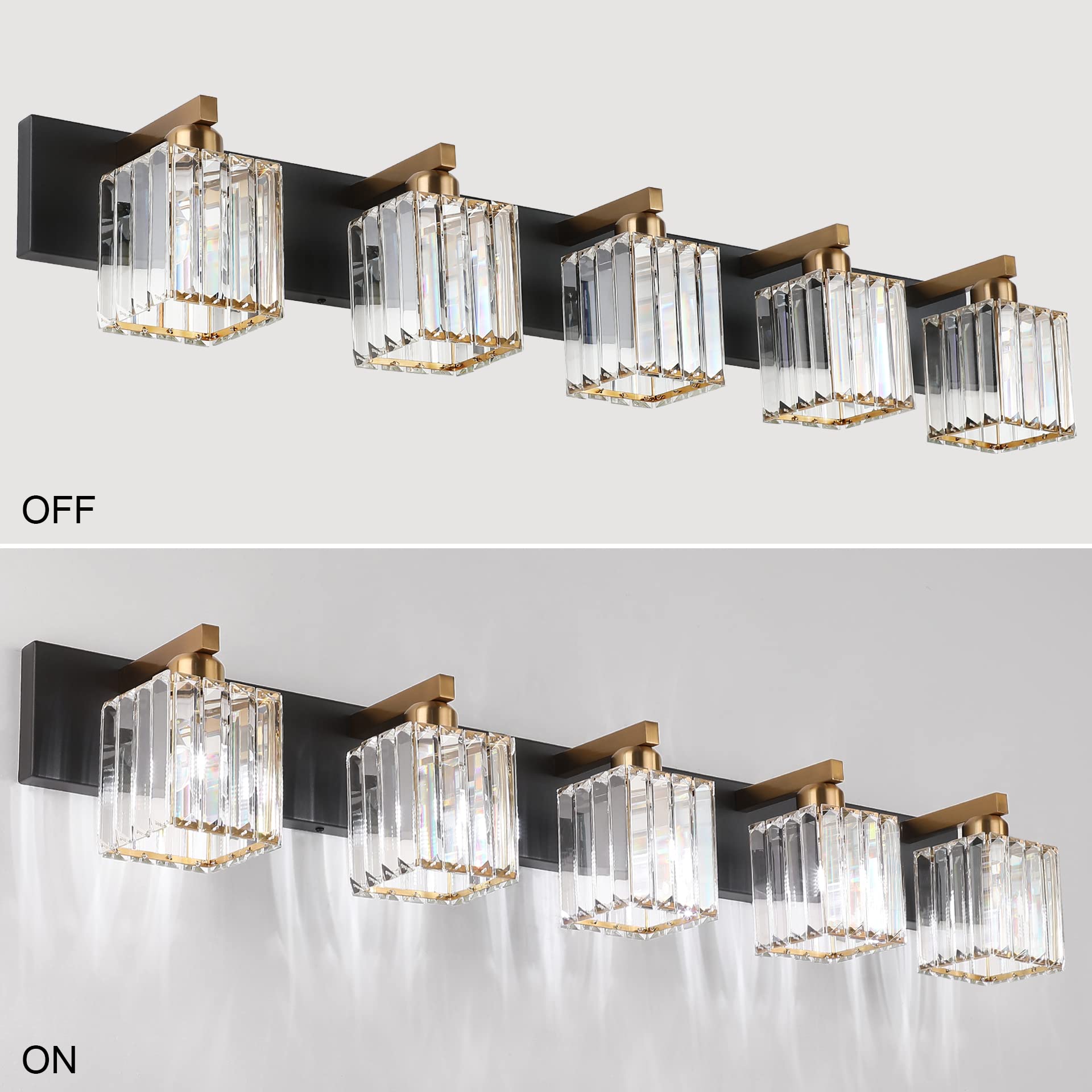 Aipsun 5-Light Modern Vanity Light Fixtures - Black Brass Aluminum, Model 8461, Crystal Shade