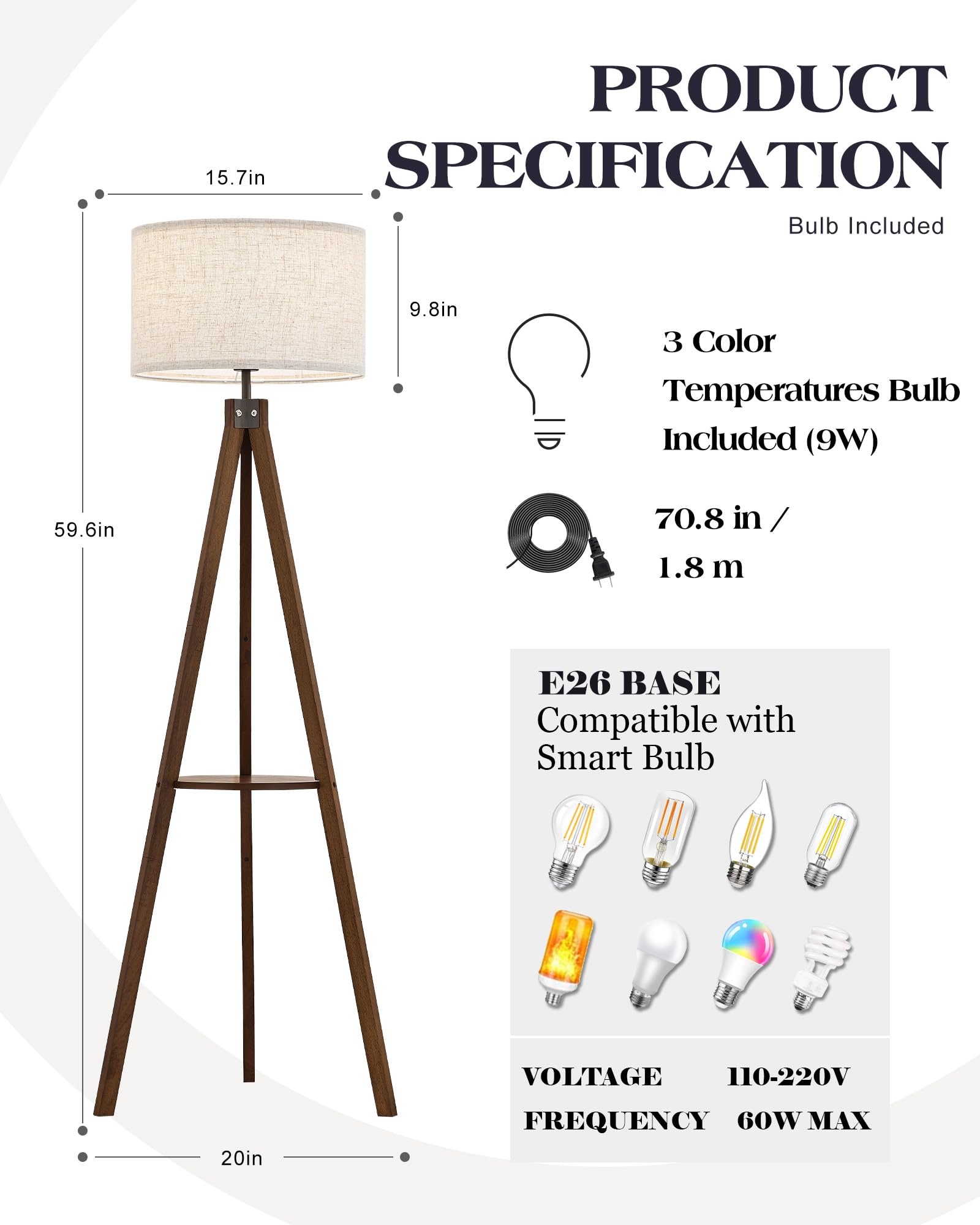 ELYONA Wood Tripod Floor Lamp with Table, Linen Shade, 3 Color Temperatures, Dark Brown, Model UF1104B-FB