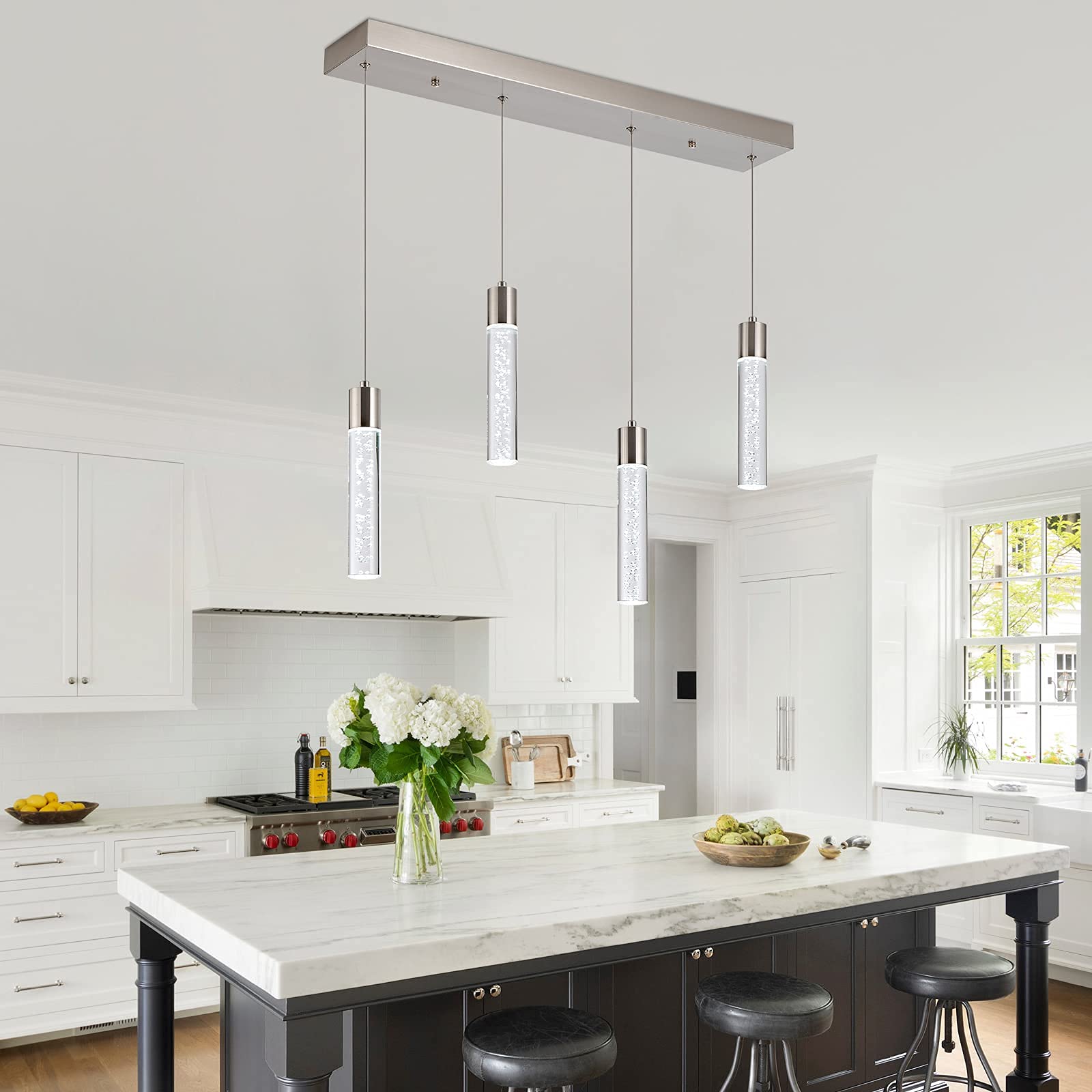 votag 4-Light Pendant Light Fixture, Nickel Aluminum, 32W Modern LED Lighting for Kitchen Island, Model A174, Crystal Bubble Design