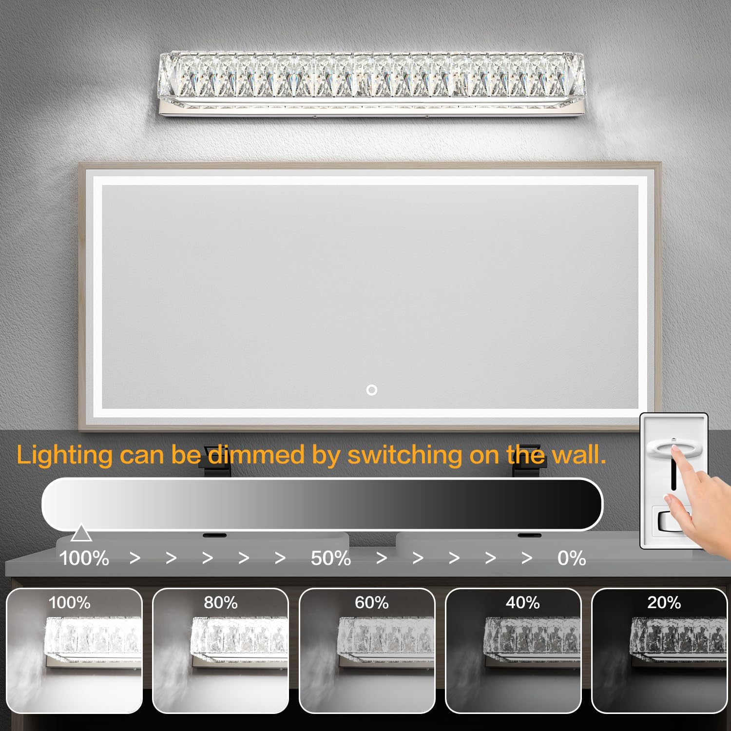 ZUZITO 30in LED Bathroom Lights - Modern Crystal Vanity Wall Lighting, Dimmable, Chrome Finish, Model 7500-760mm-6200k-5CCT