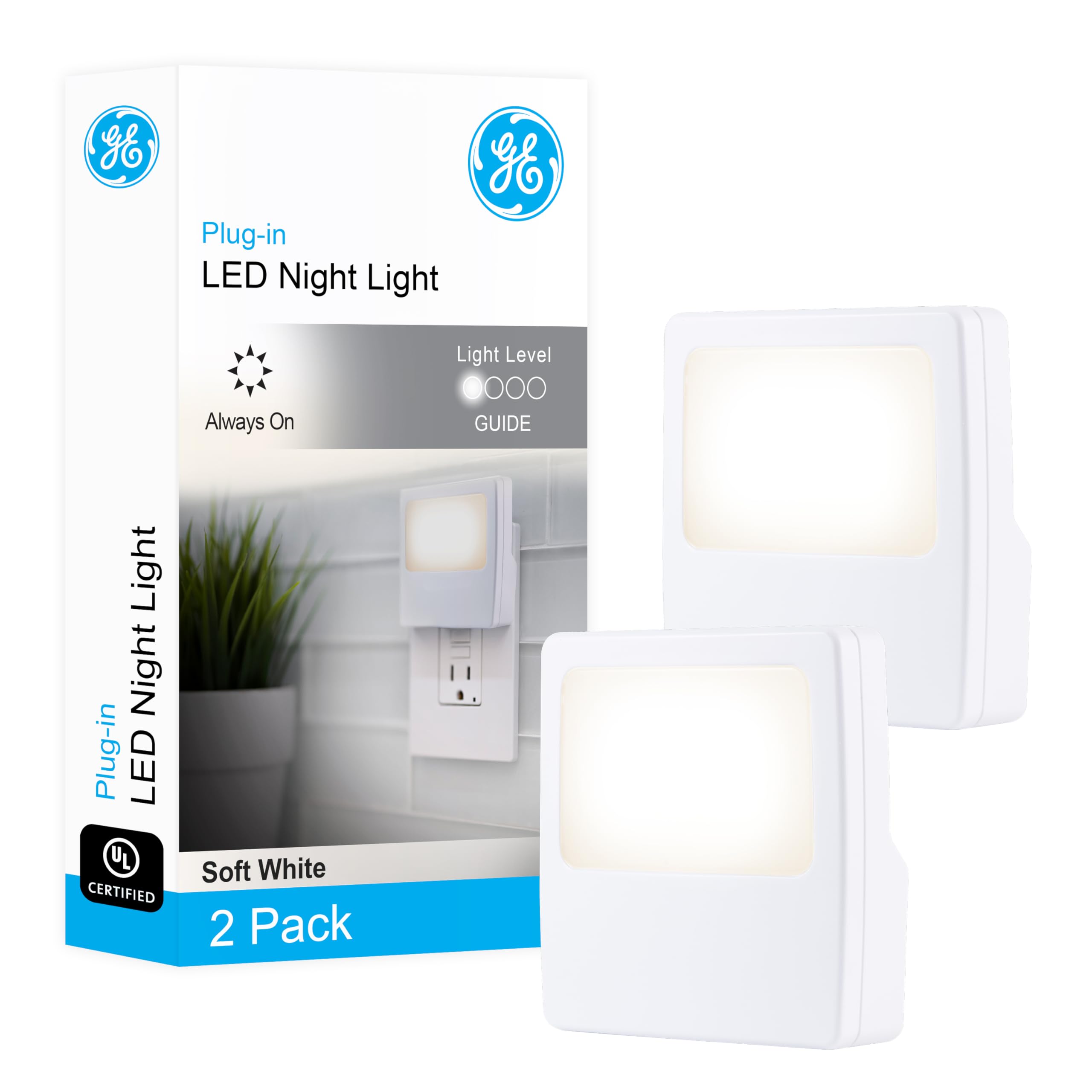 GE White Always-On LED Night Light, Plug into Wall, Compact, Soft Glow, UL-Listed, Ideal for Bedroom, Nursery, Bathroom, Hallway