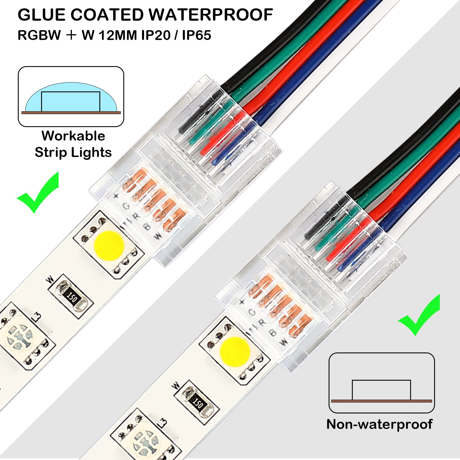 Flutesan 20 Pcs 5 Pin 12 Mm Led Strip Connector Rgb Lights Waterproof Adapter 22 Awg Wires Connector For Strip Light Unwired Gap