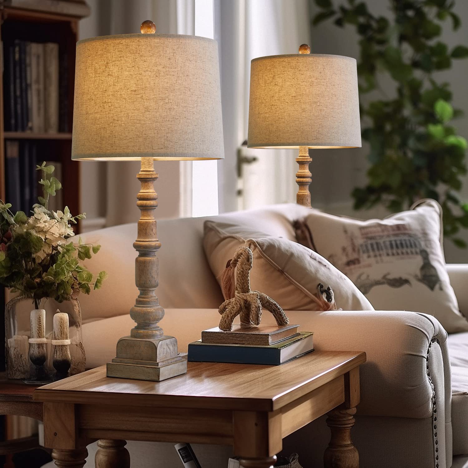 Oneach Vintage Farmhouse USB Table Lamps Set of 2, 27.75" Resin, Antique Wood Finish, Dual USB Ports, Model AMZ-T336USB-WW