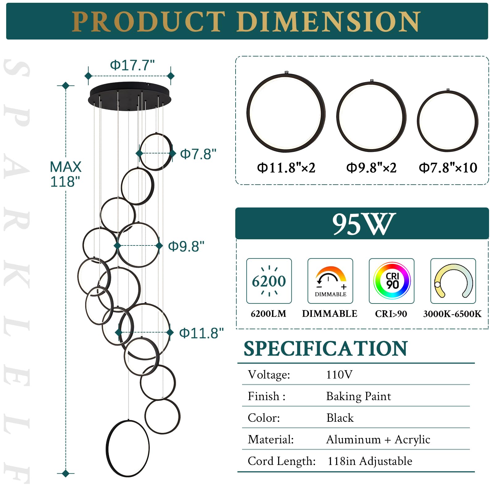 Sparklelf 14 Rings Modern Led Chandelier For High Ceiling Dimmable Black Contemporary Foyer Long Chandelier For Entryway, Long P