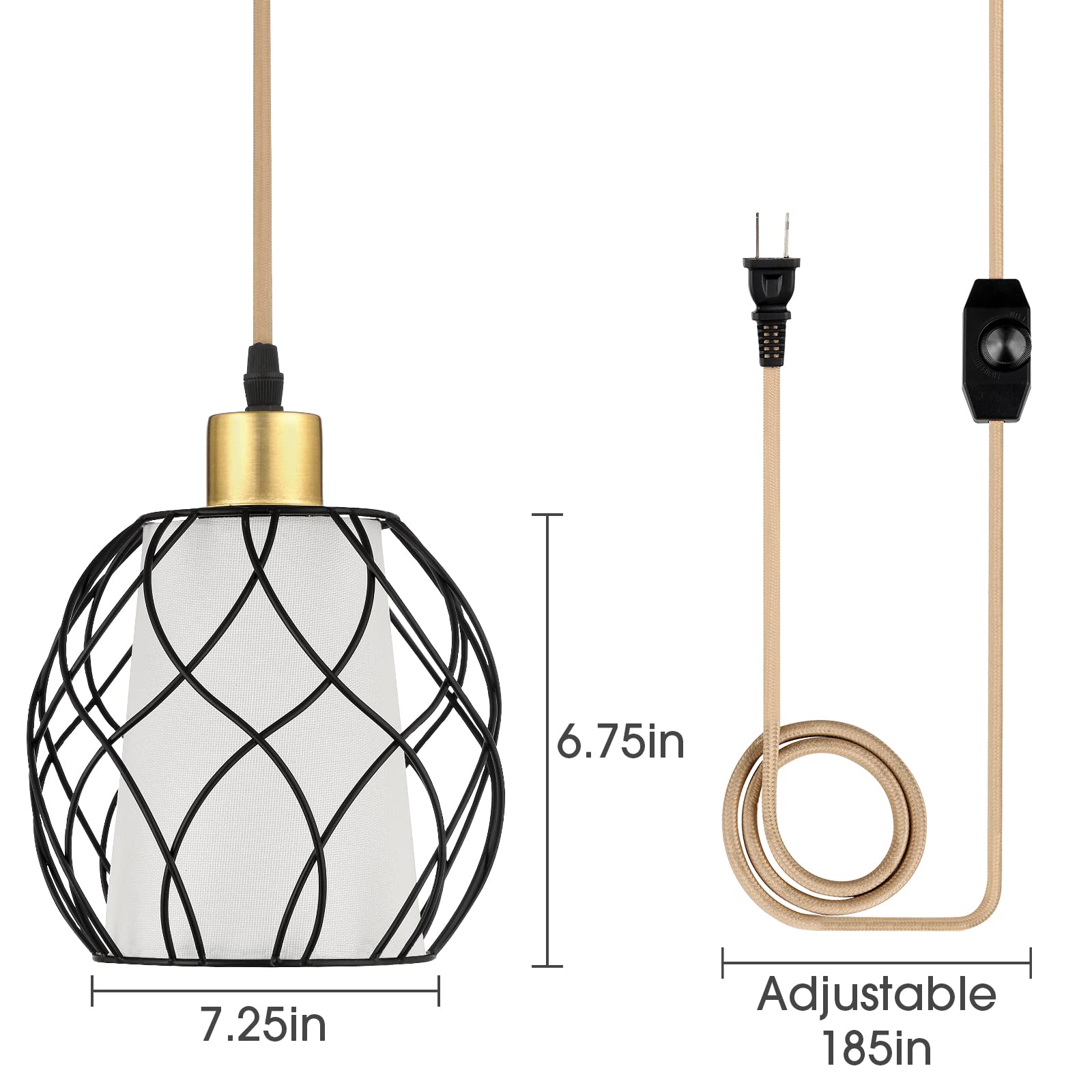 Cinkeda Black Plug-In Pendant Light, Dimmable Farmhouse Hanging Lamp With Linen Shade, Bulb Included