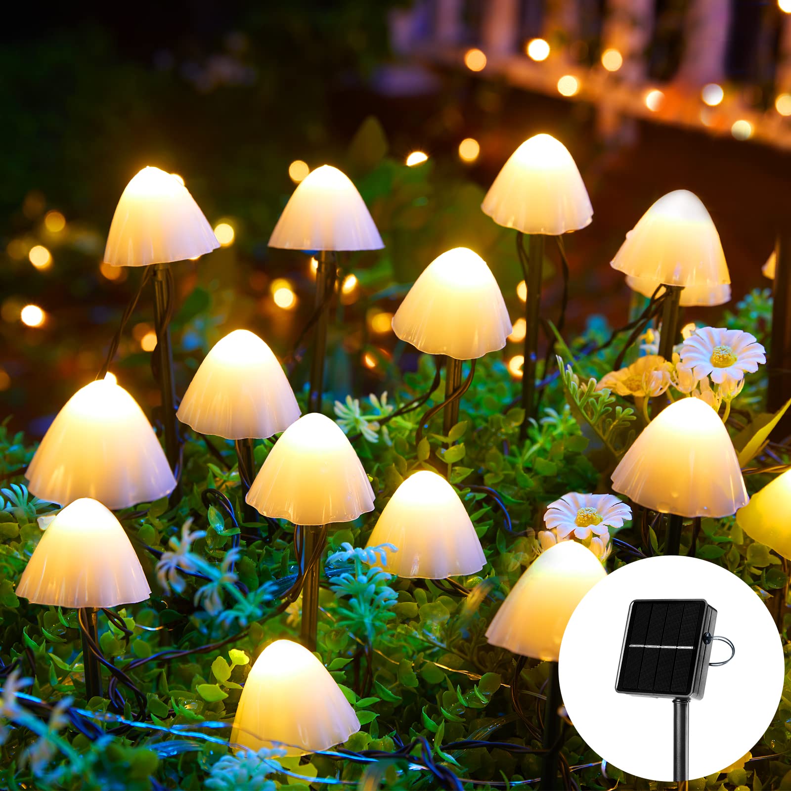 Solar Mushroom Garden Lights for Outside, 20 LED 32.8FT Solar Pathway Lights Outdoor Waterproof for Fence with 8 Lighting Modes 