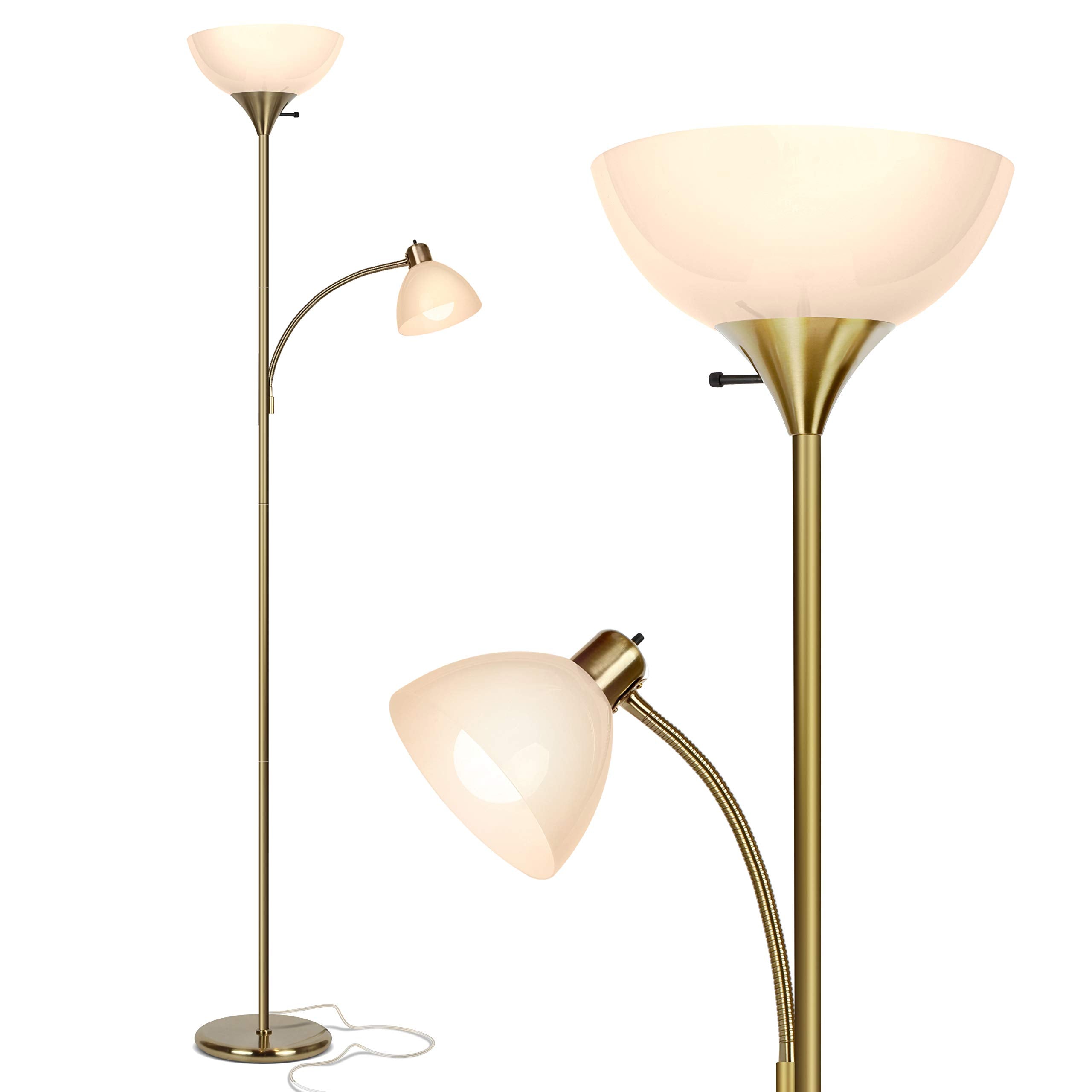 Brightech Sky Dome Plus LED Floor Lamp, Dimmable Torchiere with Reading Lamp, Gold Brass, Model FL-DMEPLS-BRS