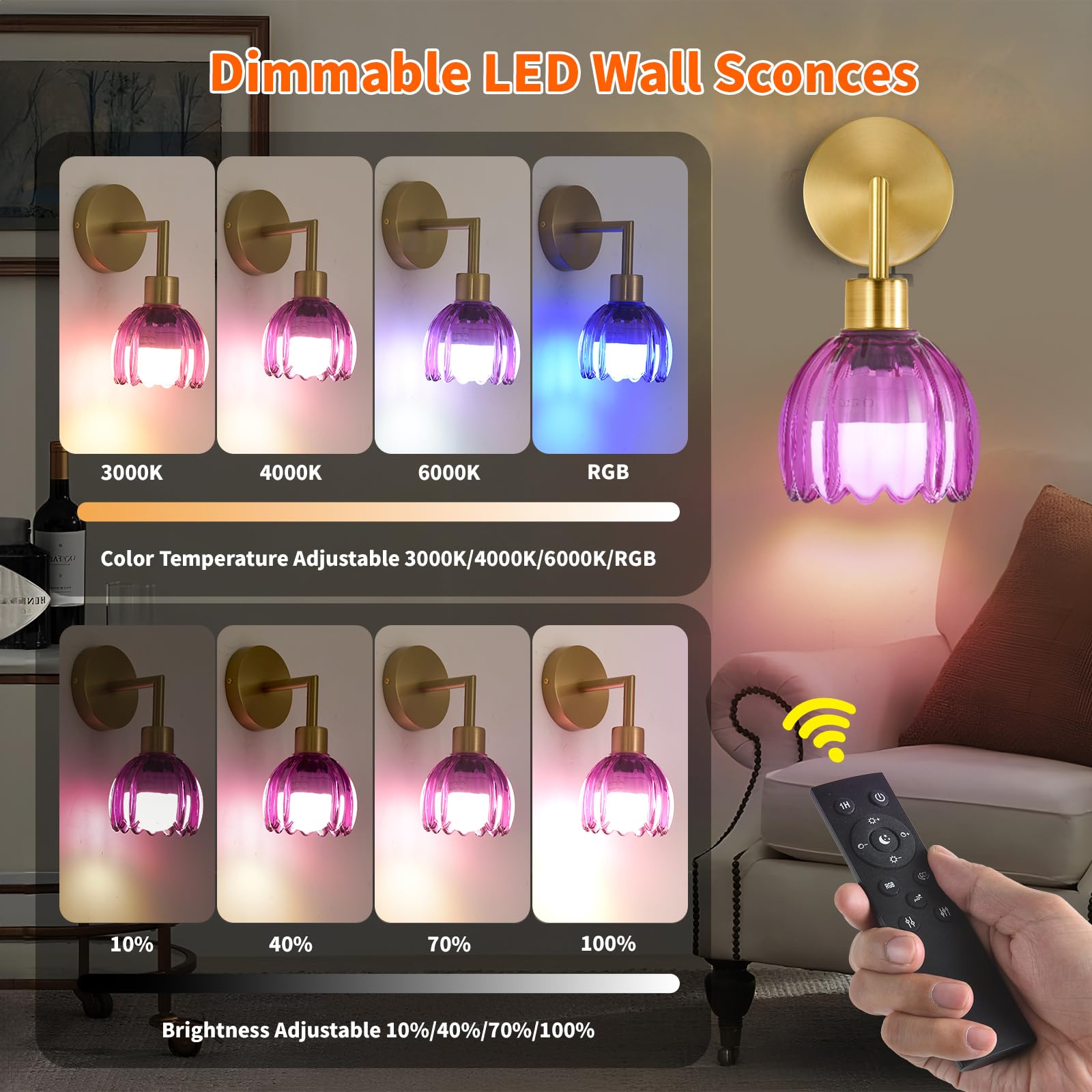 WLQCWL Battery Operated Wall Sconce Set of Two, Vintage Glass Lampshade, Gold, Rechargeable, Remote Control, Model 001