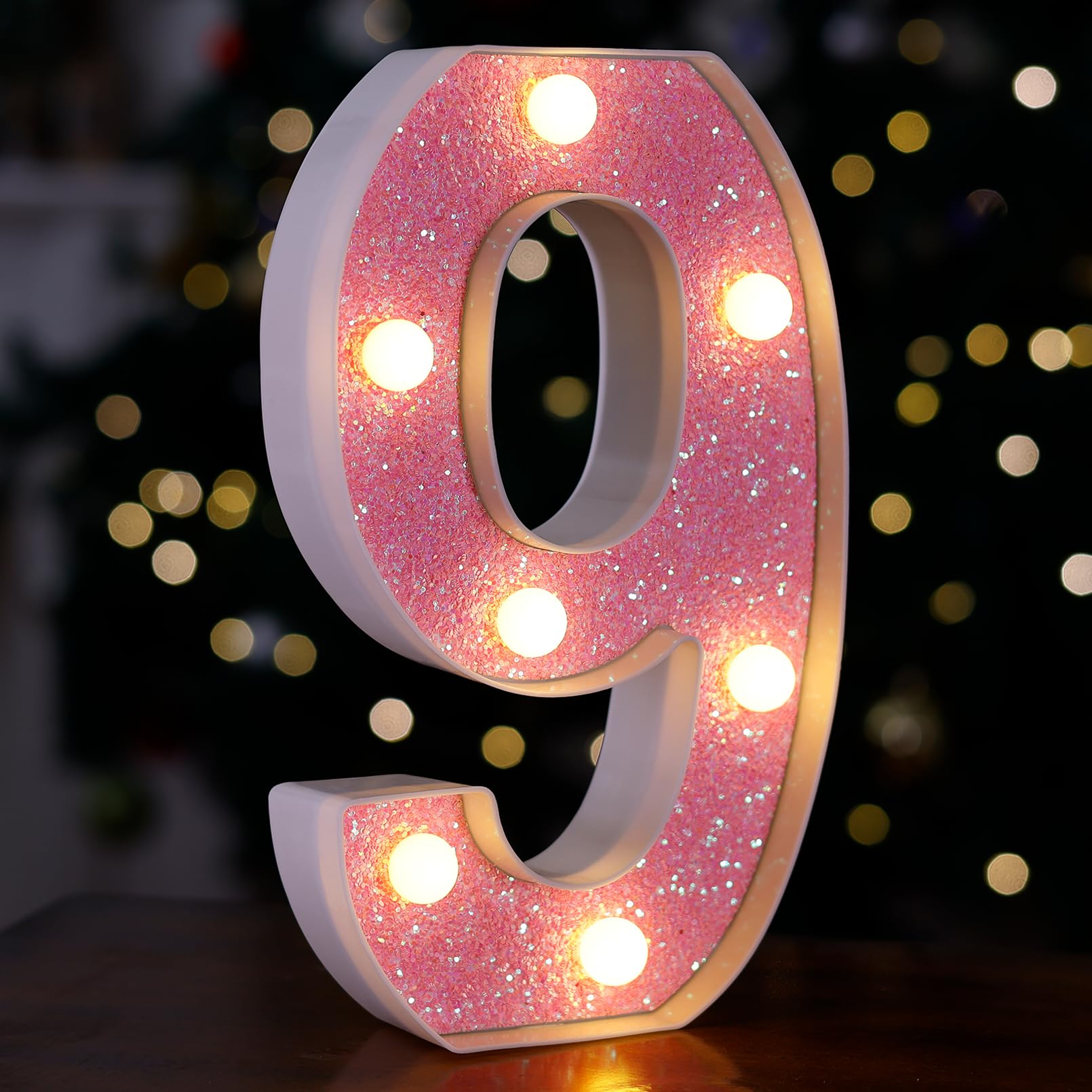 TRONSBOO LED Letter Lights Marquee Sign Battery Powered Pink Glitter Number 9 for Home Party Decoration