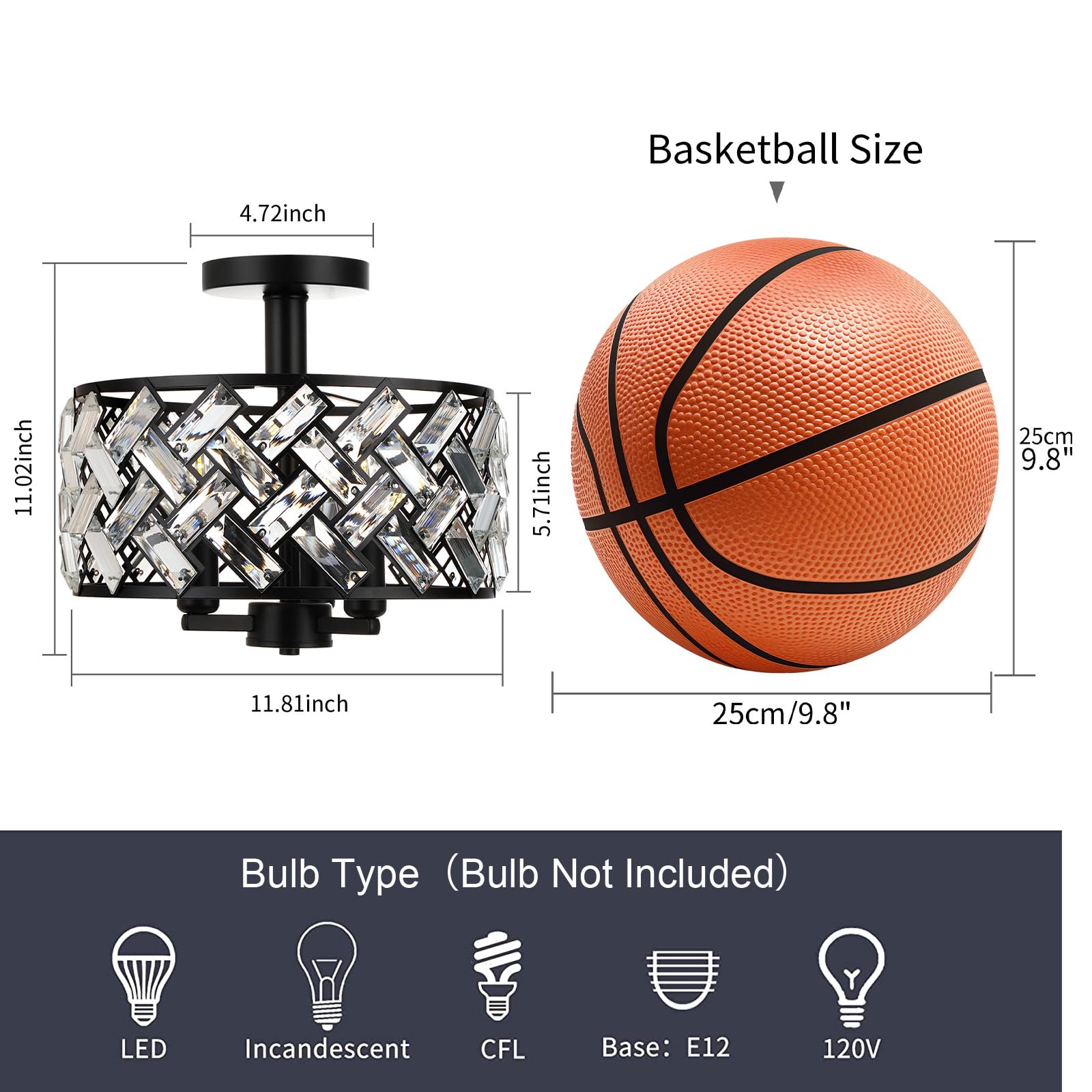 Frideko Home Semi Flush Mount Ceiling Light - 3-Light Crystal Ceiling Light Fixture Black Kitchen Light Fixtures For Bedroom Hal