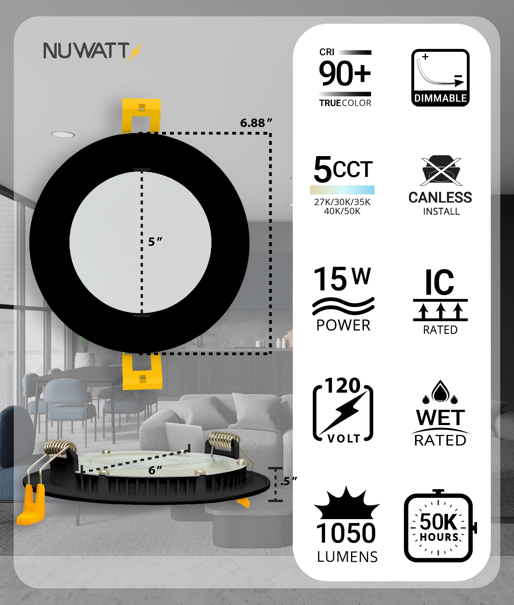 NUWATT 6 Inch Ultra-Thin Black LED Recessed Lighting, Dimmable, 1050LM, Water Resistant, IC Rated, Model NW-P-DL-6-15W