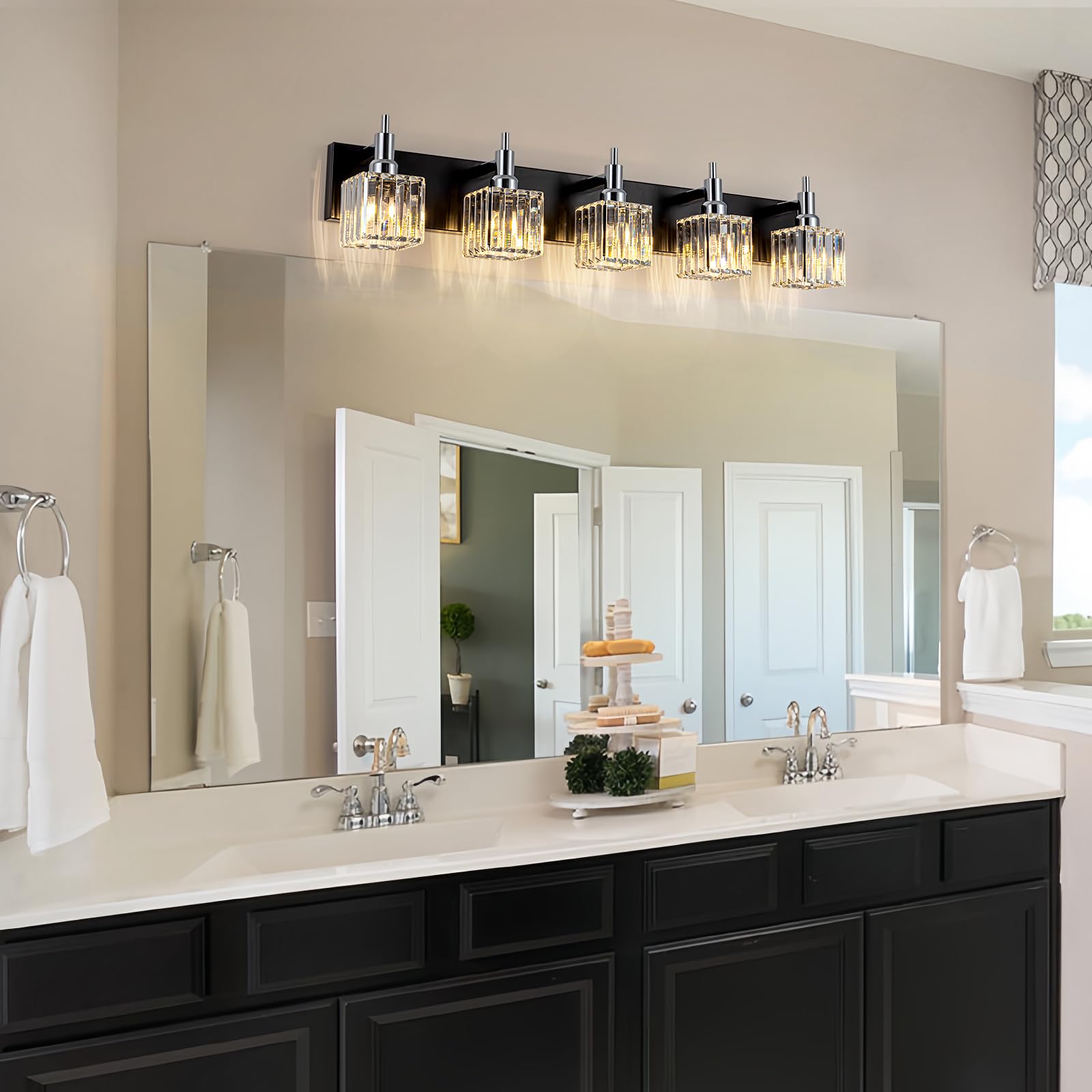 HUOKU Bathroom Vanity Lights, 5-Light Modern Crystal Wall Light, Black Chrome with Square Shade, Metal and Crystal