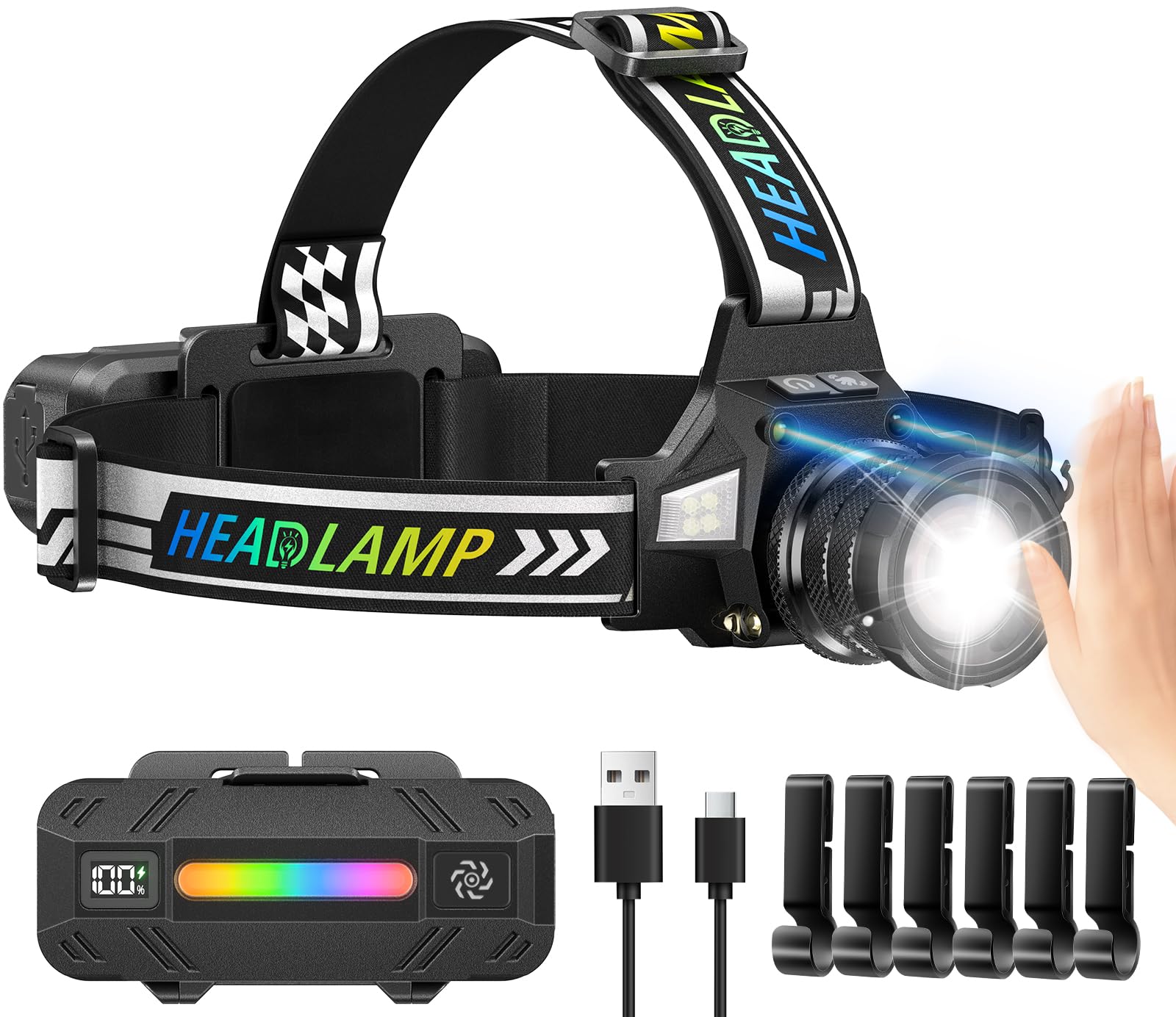 TDT Rechargeable Headlamp with White/Green/UV/Black Light LED Head Lamp,High Lumens Super Bright 24 Modes Comfortable Waterproof