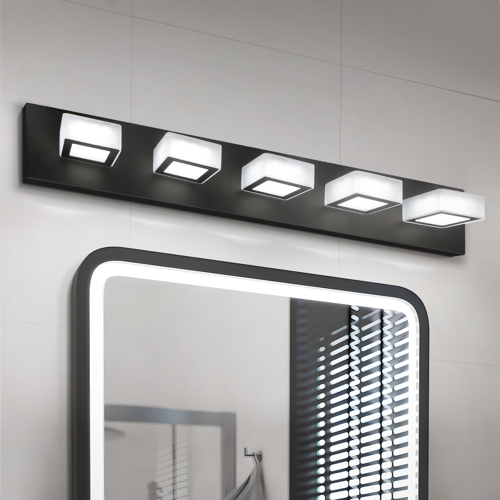 ASD LED Bathroom Vanity Light, 5-Lights Dimmable, 28W 1600LM, 2700-6000K, Black, Model A-LVF25M-5