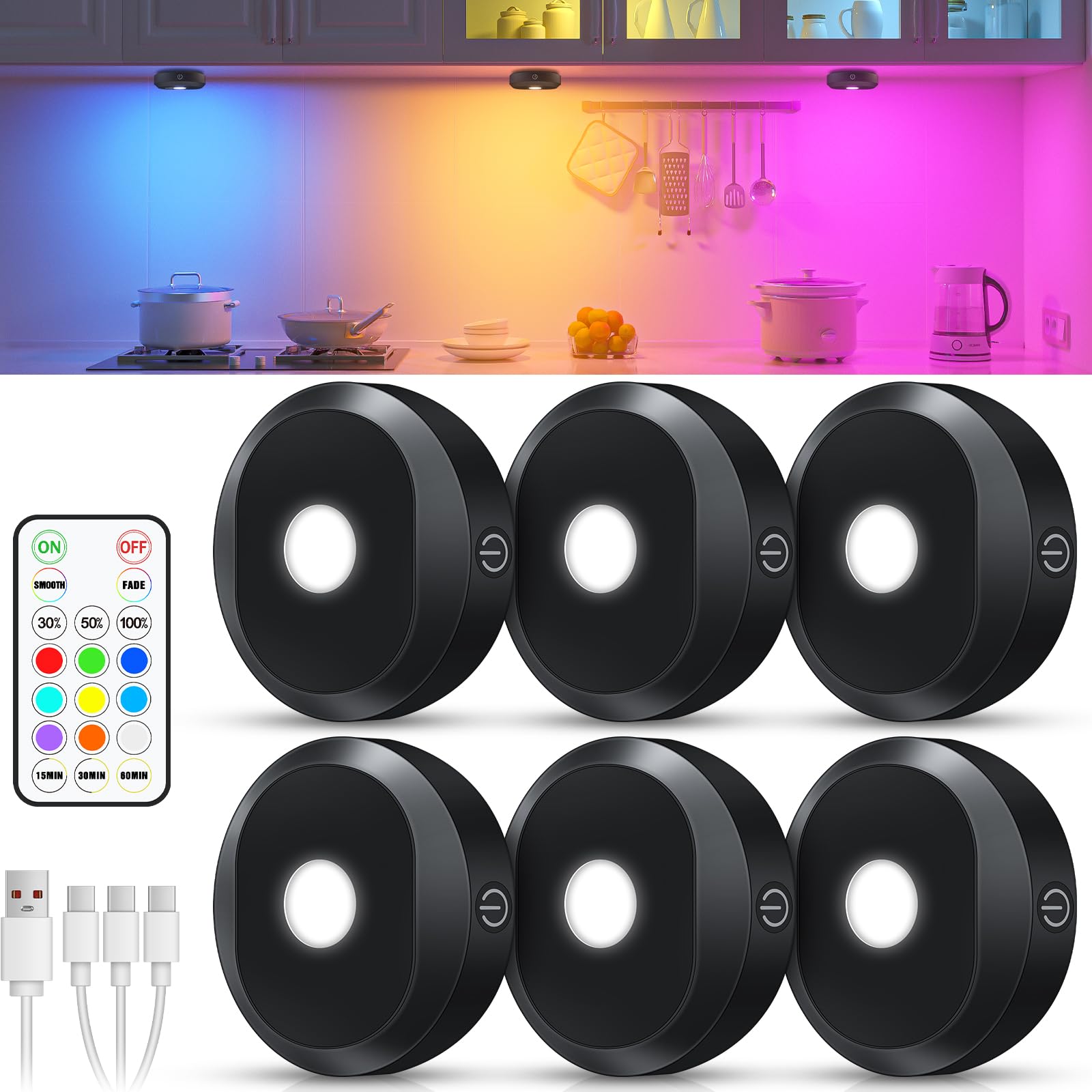 WILLED Under Cabinet Lighting Wireless,RGB Rechargeable Puck Lights with Remote Control,Battery Touch Tap Light with Timer Funct