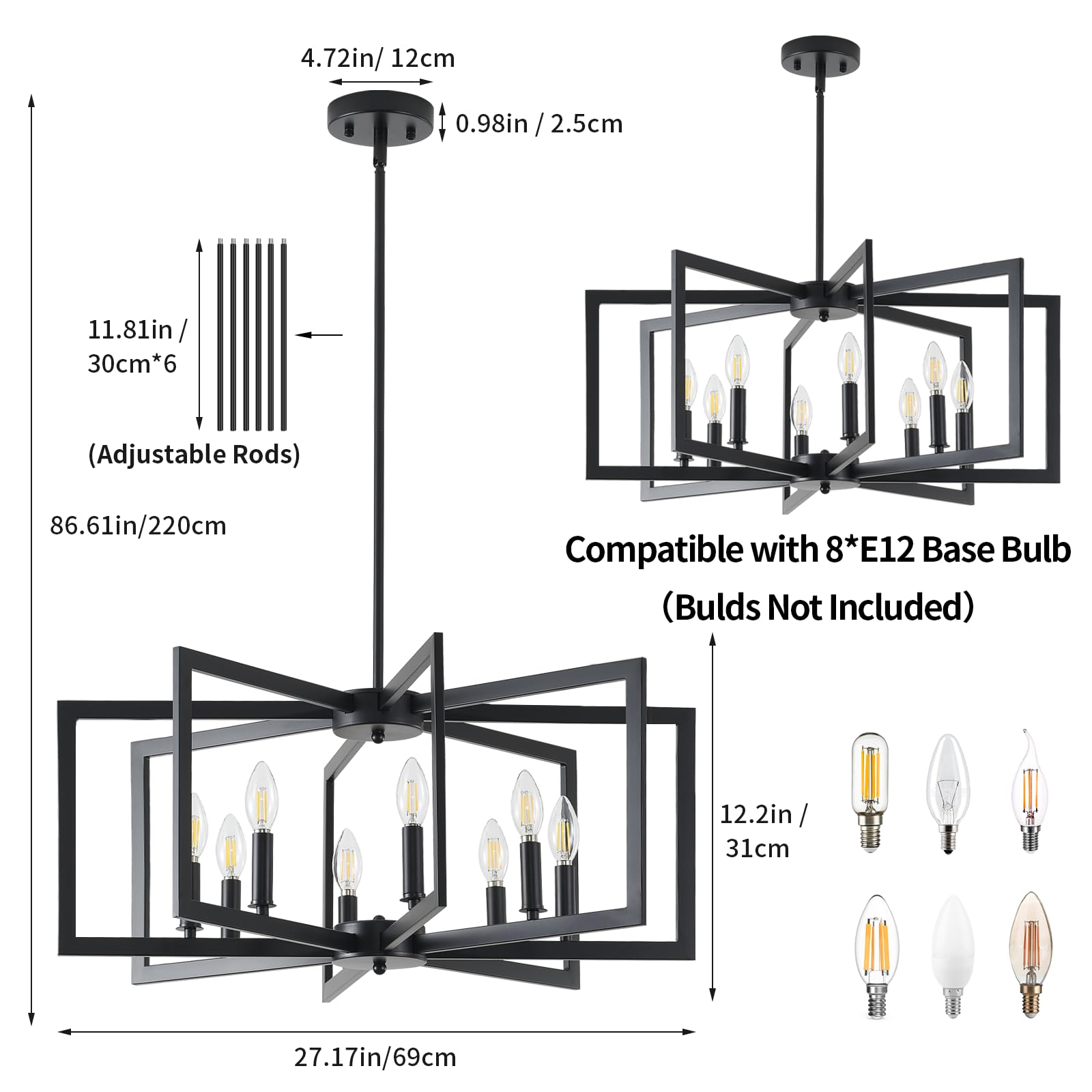 MIAYBPH Black 8-Light Chandelier - Modern Metal Industrial Fixture for Dining Room, Entryway, Living Room (E12 Bulbs Not Included)
